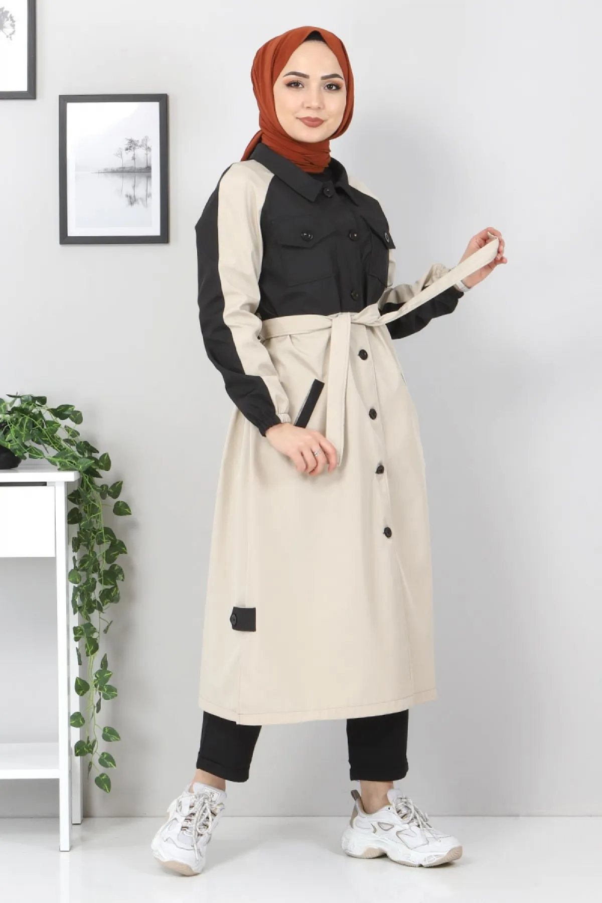 Tesettür Dünyası  Zweifarbiger Trenchcoat Tsd0919 Beige