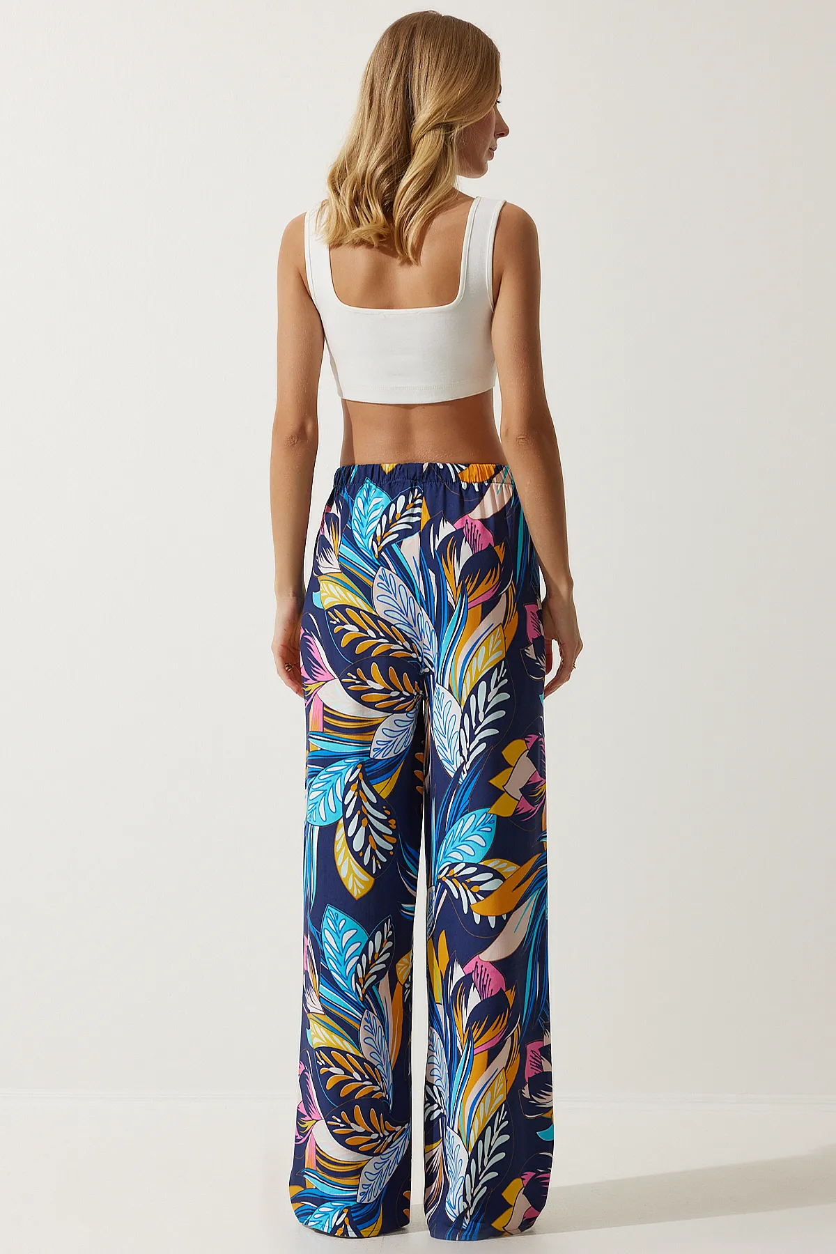 Happiness İstanbul  Marineblaue und gelbe Damenhose mit hoher Taille, lockere Sommerhose aus Viskose, BH00354