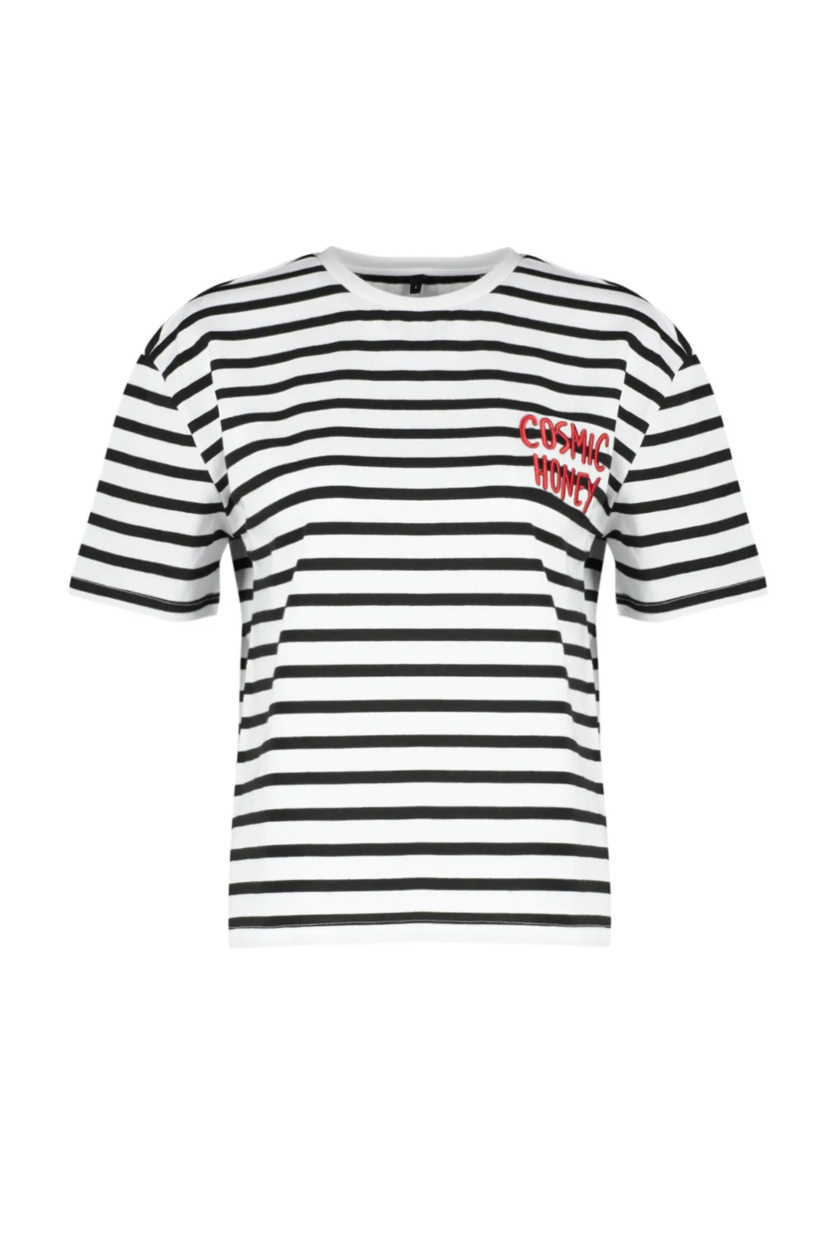Trendyol Collection  Rot gestreiftes Slogan-Stickerei-Detailliertes, entspanntes/bequemes gestricktes T-Shirt TWOSS24TS00053