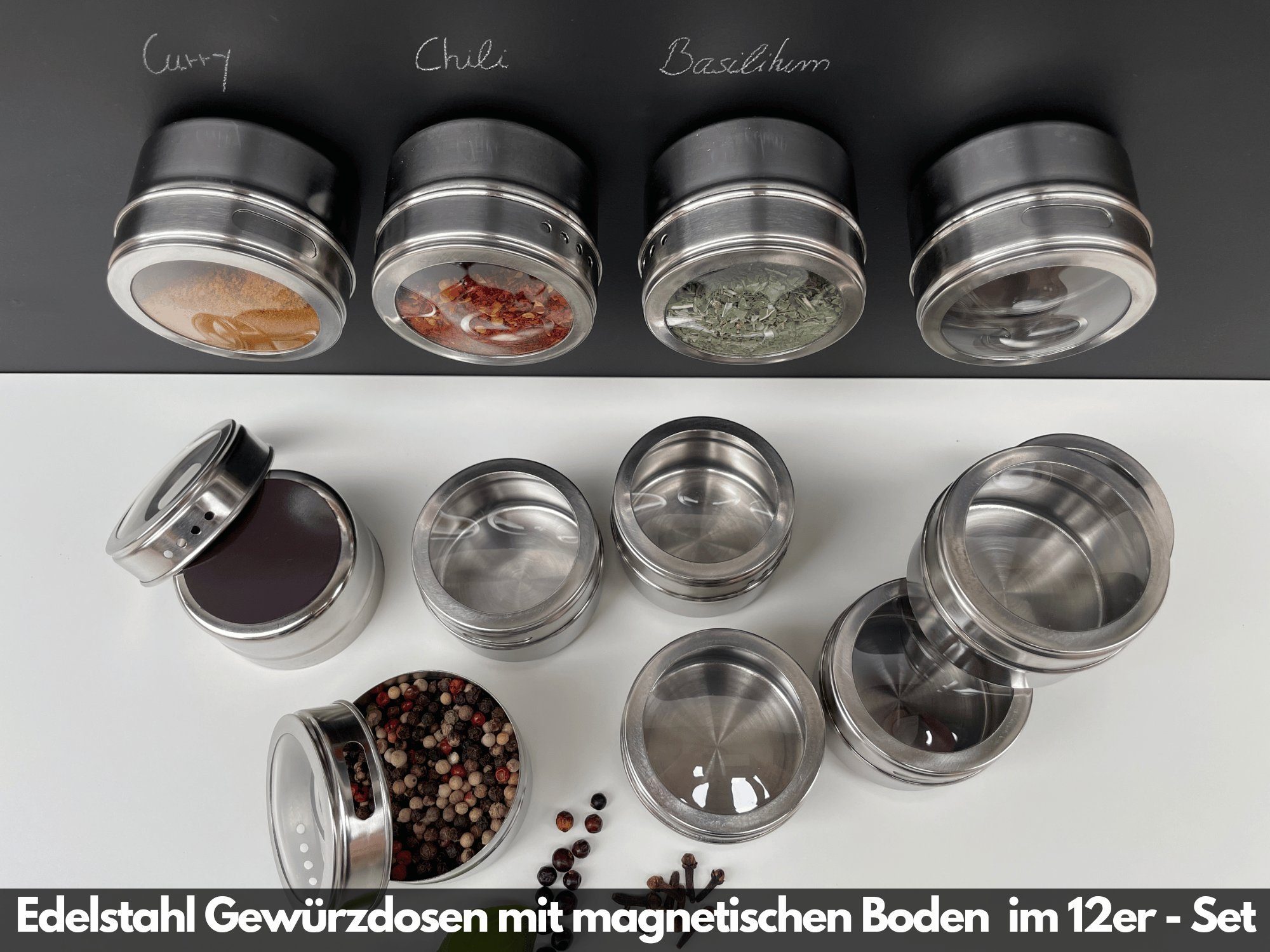 wood4hood Gewürzbehälter MAGNET, Edelstahl, (Spar-Set, 12-tlg., Ideal zur Gewürzaufbewahrung), magnetische Gewürzdosen mit Streuer und Sichtfenster