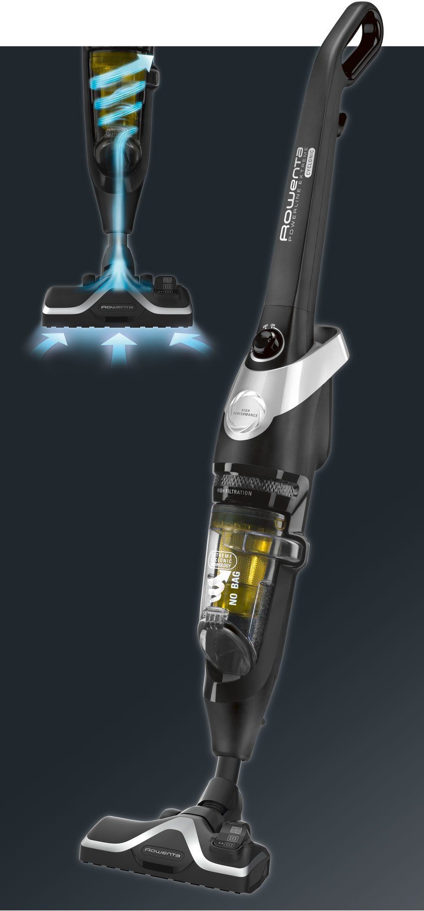 Rowenta Stielstaubsauger RH8155 Powerline Extreme Cyclonic, 750 W, beutellos, neue höchst gleitfähige Düse, sehr leise, hohe Saugleistung