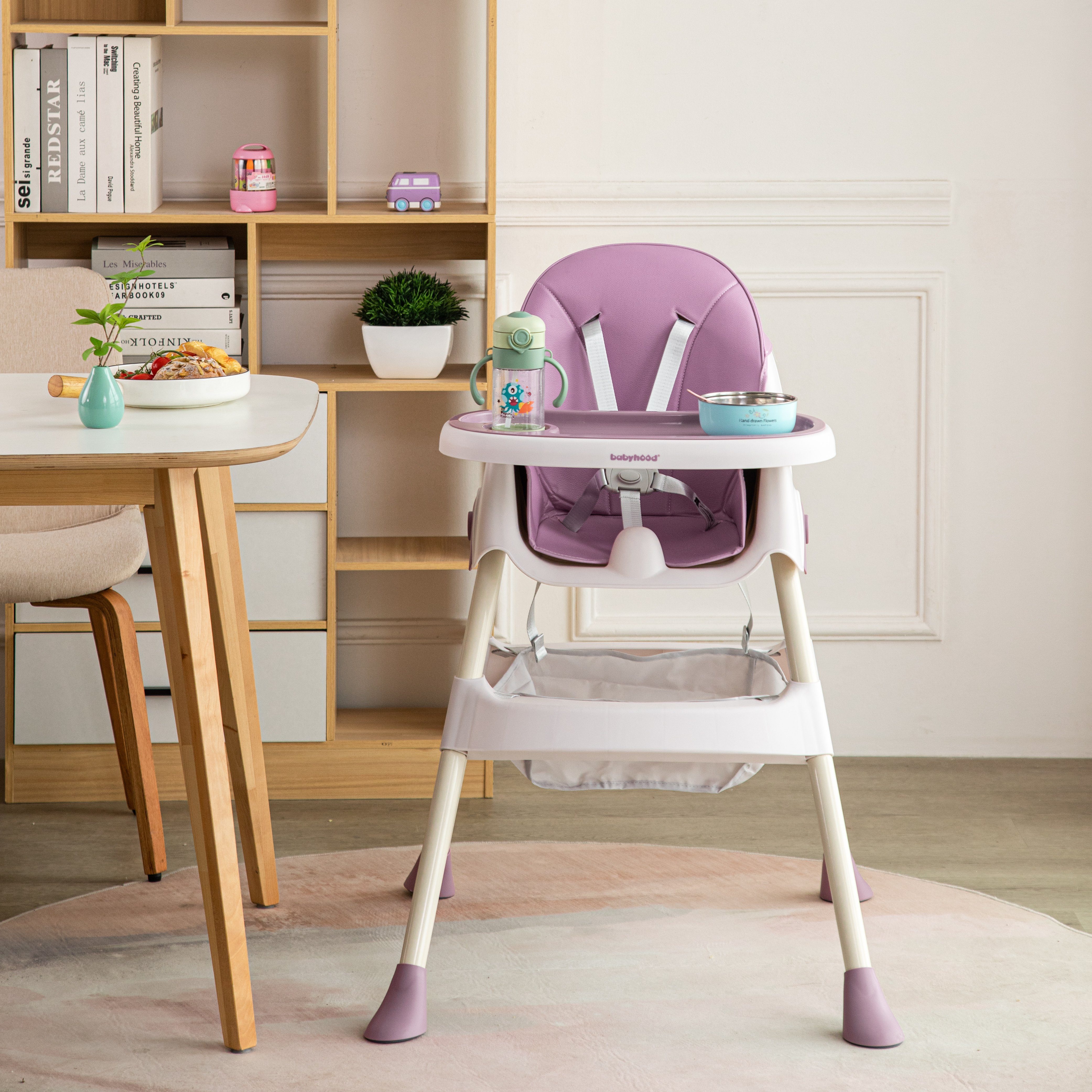 FOXSPORT Kinderklappstuhl Hochstuhl Kinder Hochstuhl 2 in 1 Babystuhl Kombihochstuhl (mit Ablagekorb, mit 5-Punkt-Sicherheitsgurt, wasserdichtes abnehmbares Tablett), klappbar, 6 Monate bis 4 Jahre, 50kg belastbar, violett/ grün (Türkis)
