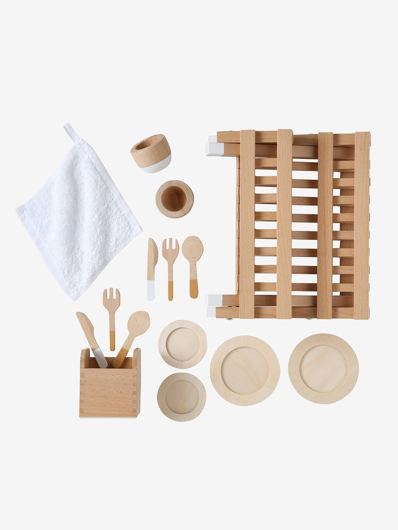 Vertbaudet Kinder Küchen-Spielset mit Abtropfgestell Holz FSC - natur