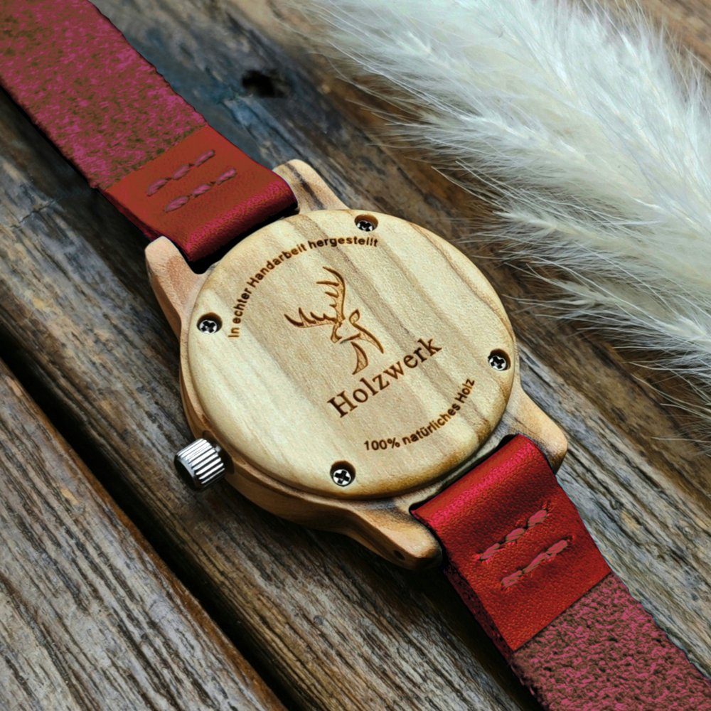 Holzwerk Quarzuhr CLARA RED kleine Kinder Holz & Leder Armband Uhr, dunkel rot, beige