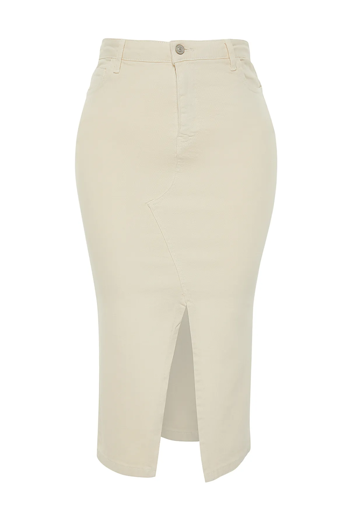 Trendyol Curve  Ecrufarbener, detaillierter Midi-Jeansrock mit Schlitz vorne TBBSS24AZ00033