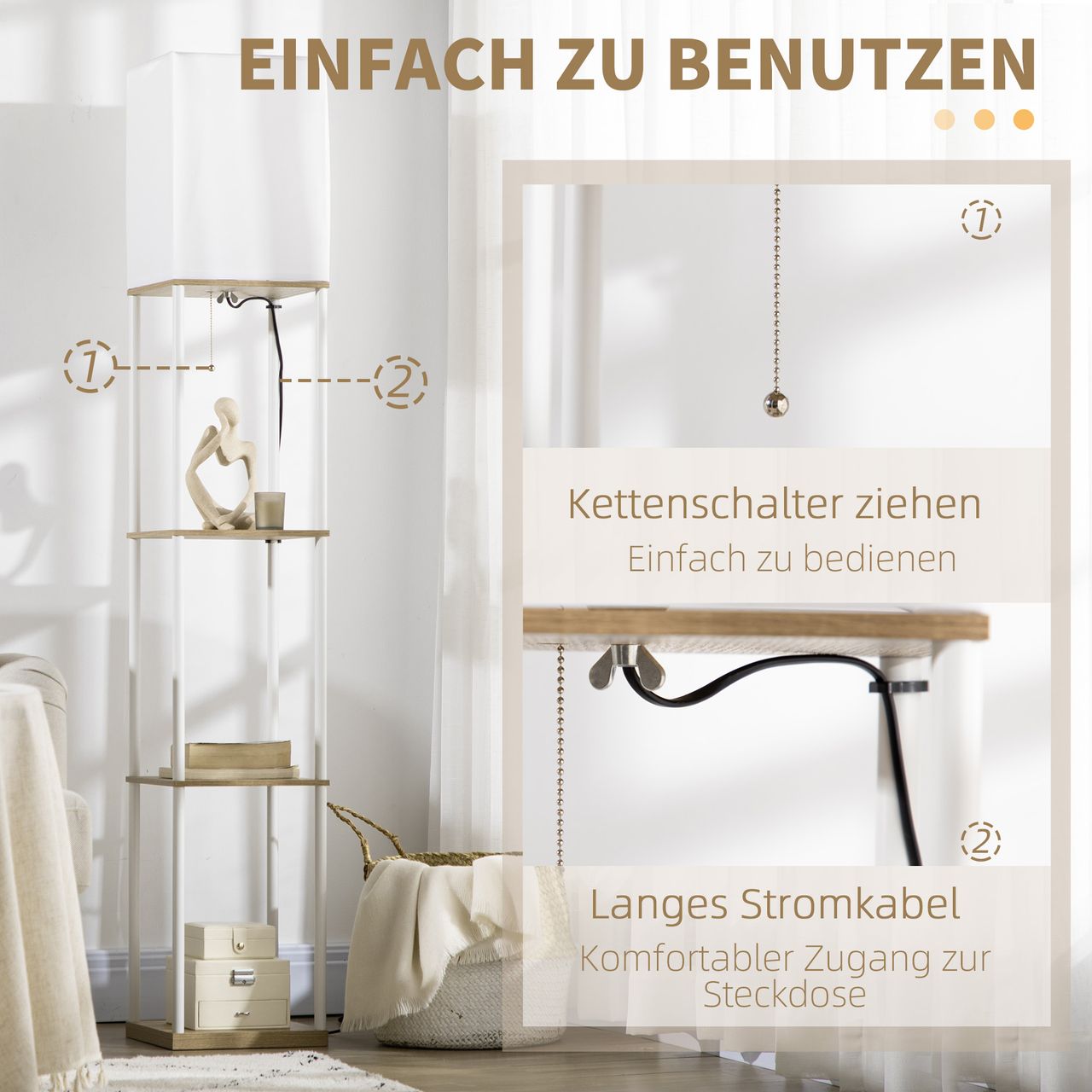 HOMCOM HOMCOM Stehlampe, Stehleuchte mit 3 Fächern, E27 Sockel, Weiß, exkl. Glühbirne