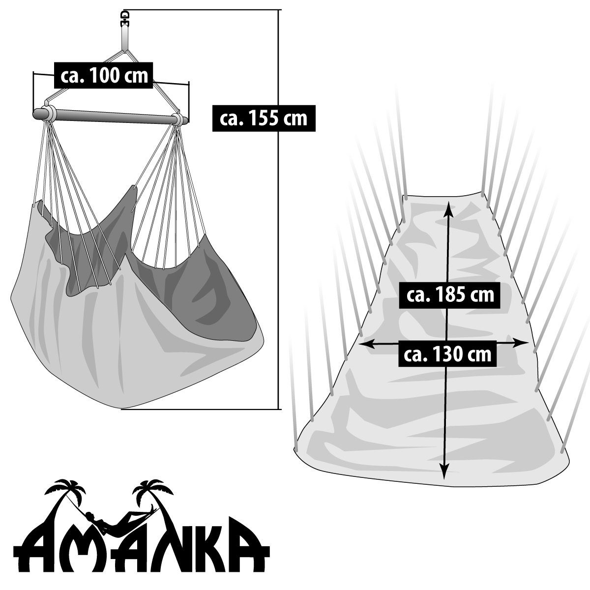 AMANKA Hängematte XXL Hängesessel Spreizstab mit Abrutschschutz Blau, 185x130cm bis 150 kg Blau