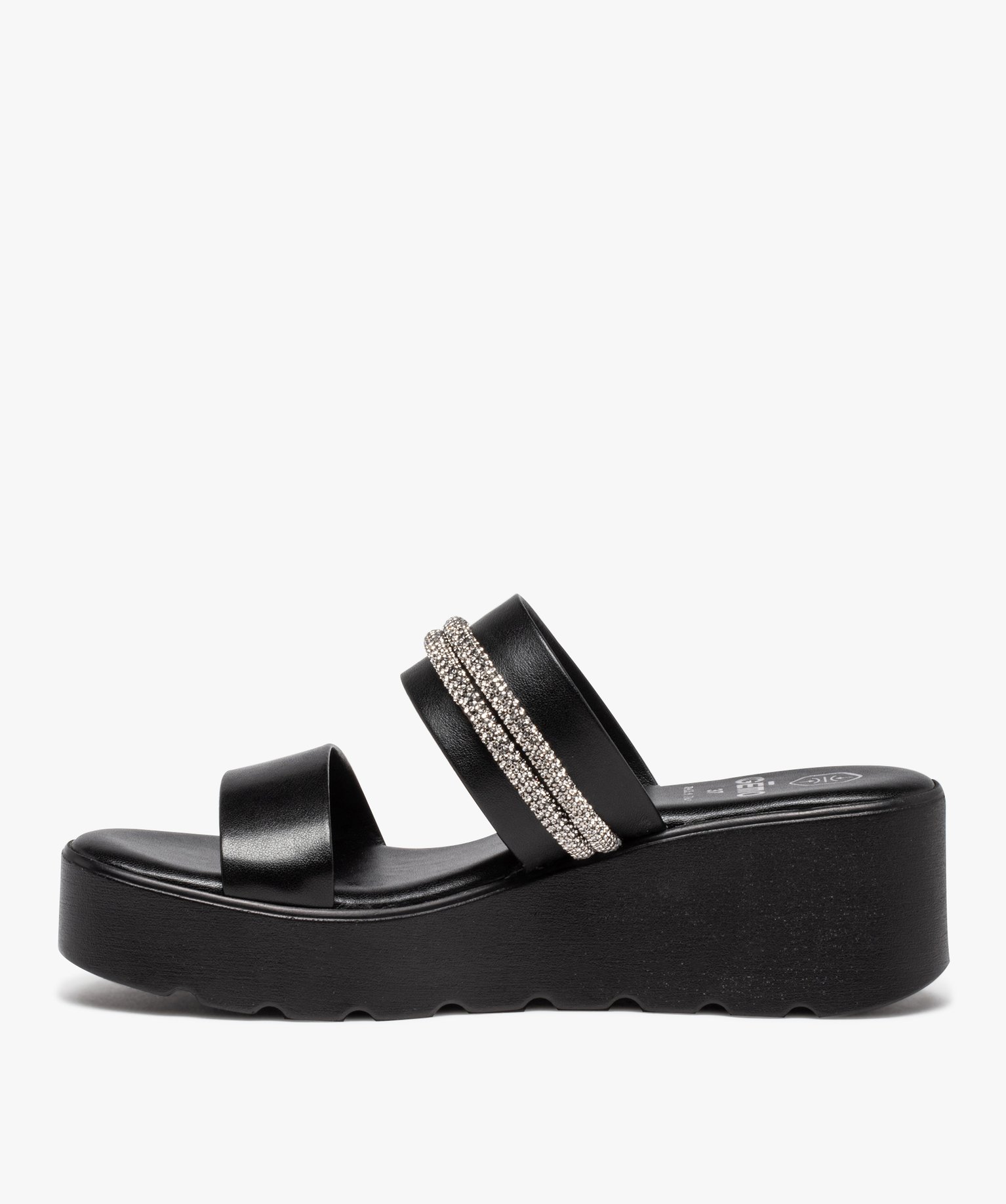 Mules femme compensées dessus uni ornées de strass noir | GEMO