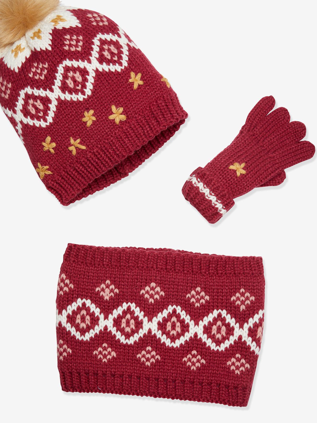 Vertbaudet Mädchen-Set aus Jacquardstrick: Mütze, Schal & Handschuhe - himbeere