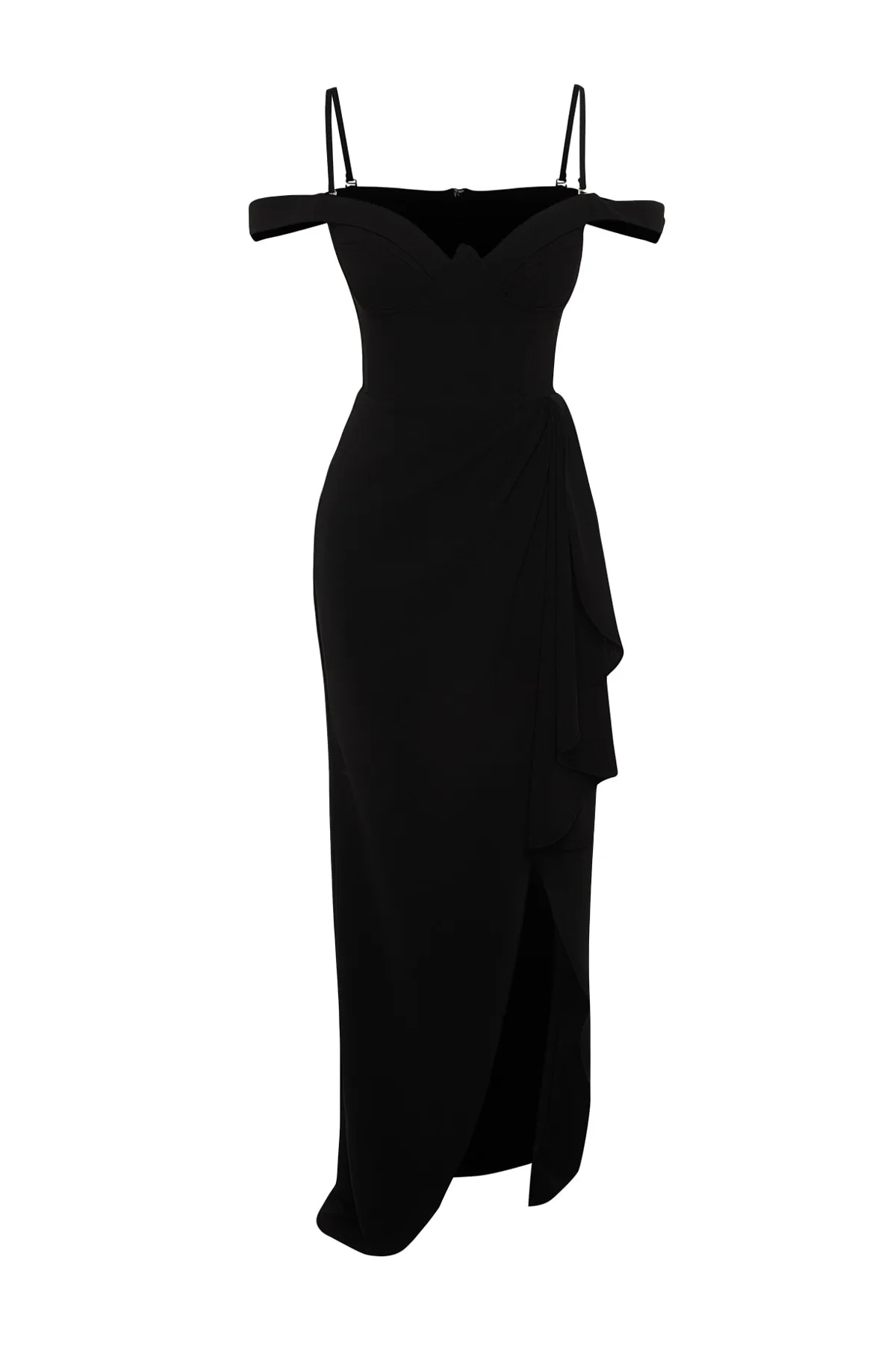 Trendyol Collection  X Zeynep Tosun Schwarzes Abend- und Abschlusskleid mit Volant TCLSS23AE00011