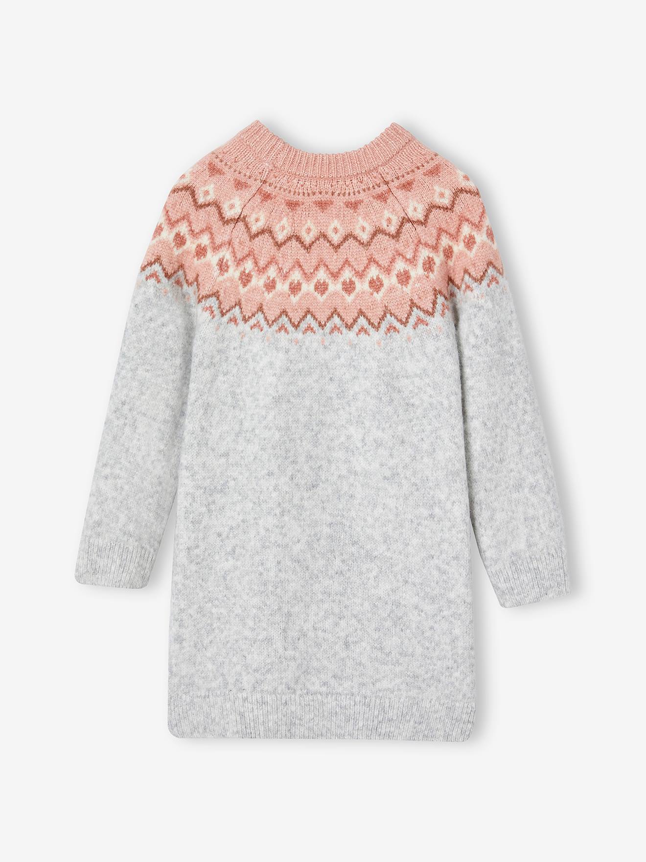 Robe jacquard en tricot fille gris chiné