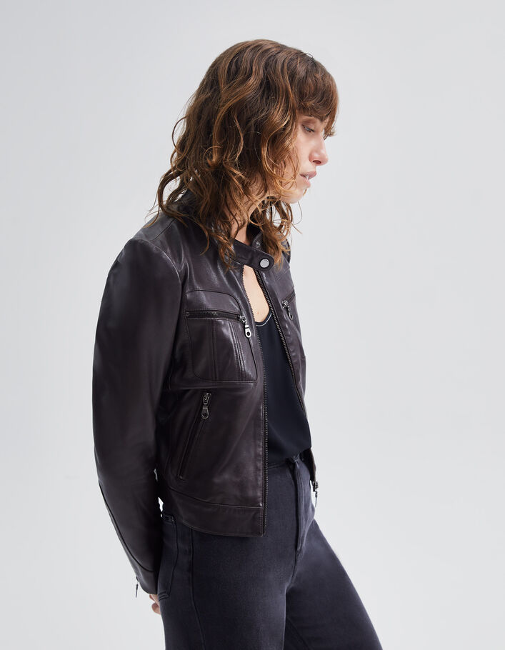 Veste chocolat en cuir à poches zippées Femme
