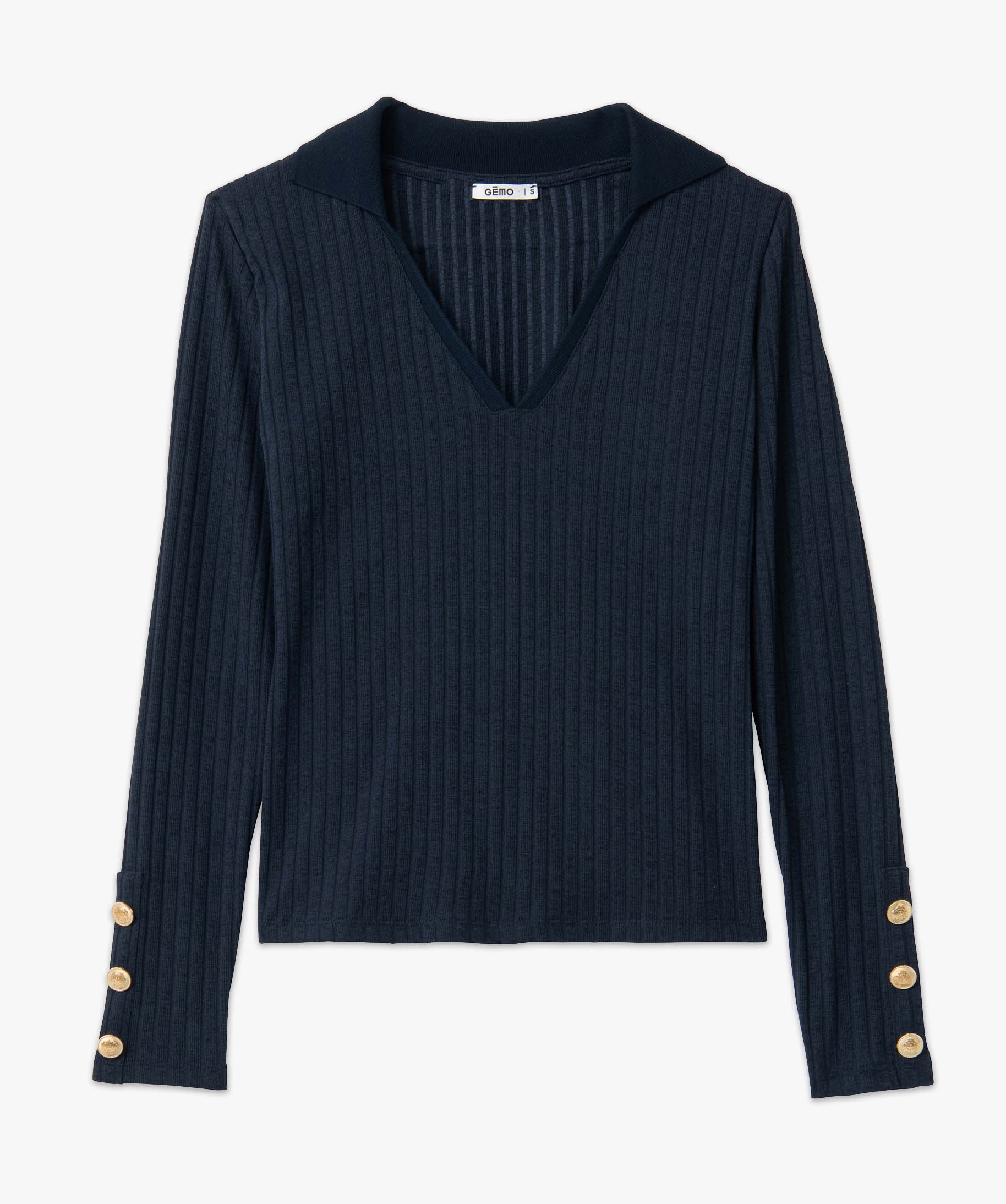 Tee-shirt femme en maille ctelée avec col V marine | GEMO