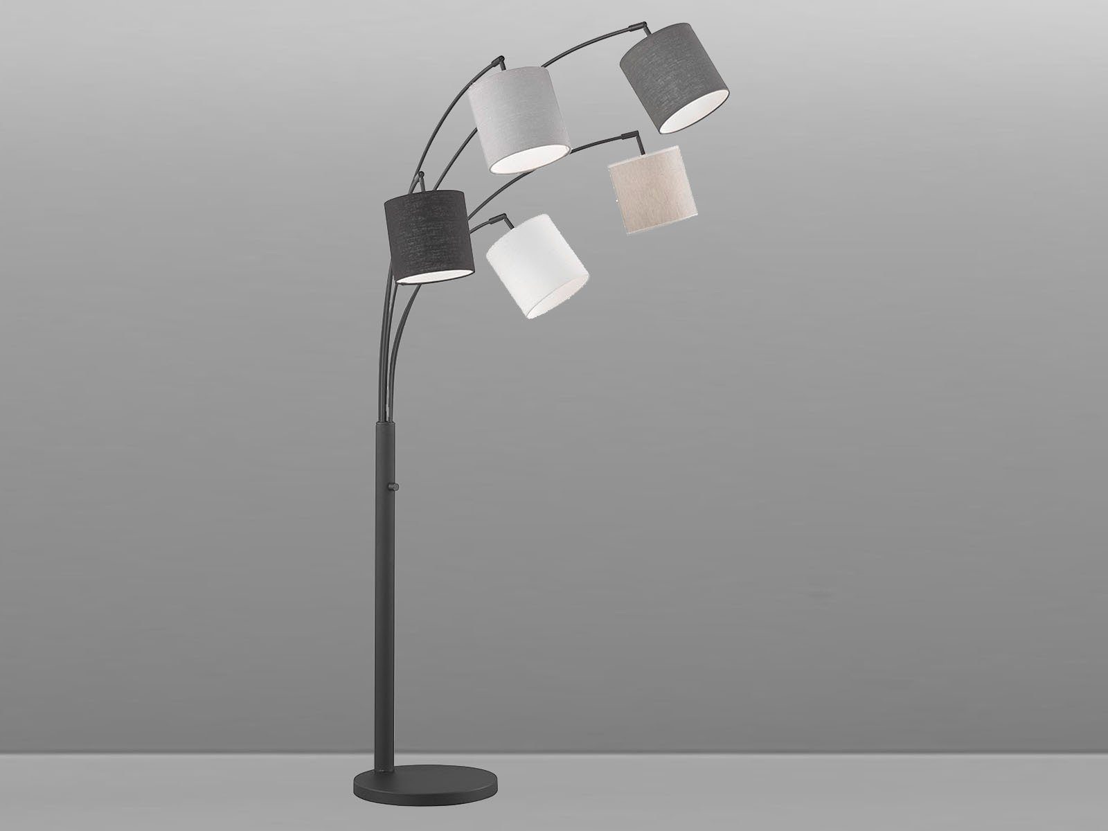meineWunschleuchte LED Bogenlampe, mitgelieferte Leuchtmittel stufenweise über Lampenschalter dimmbar, LED wechselbar, Warmweiß, Designer Stehlampe ge-bogen mit 5x Stoff Lampenschirm dimmbar H: 180cm