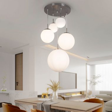 Globo Kugelleuchte, Leuchtmittel nicht inklusive, Hängeleuchte Wohnzimmerlampe 5-flammig Glas Schirm Kugel silber H 90cm