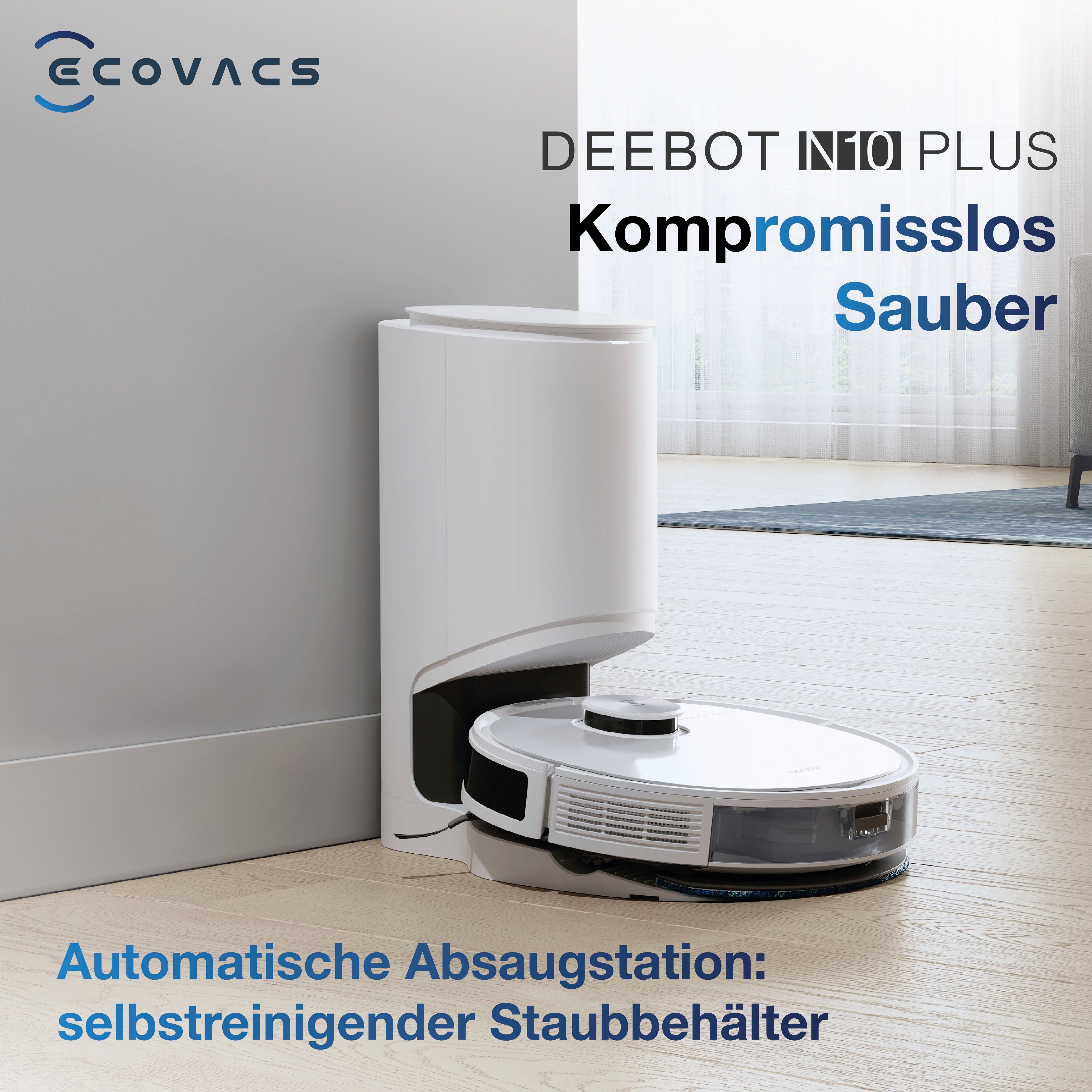 ECOVACS Nass-Trocken-Saugroboter DEEBOT N10 Plus, 4300PA, LiDAR Navigation, Absaugstation, für Hartboden, Teppich, Weiss
