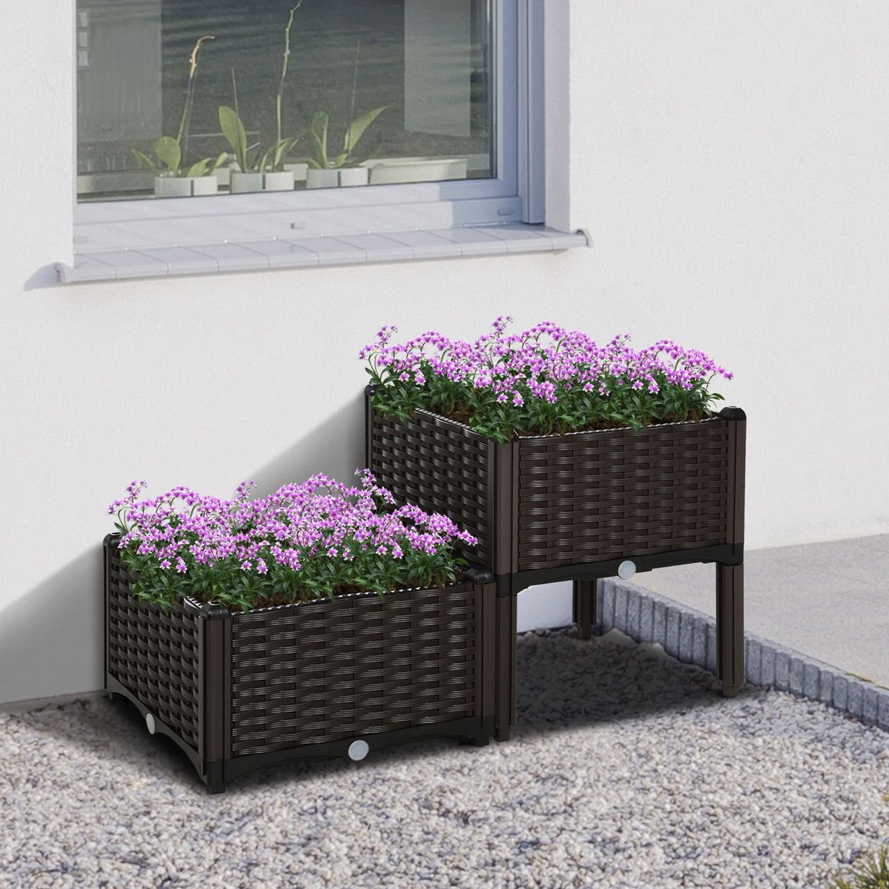 Outsunny Hochbeet 2-teiliger Pflanzkasten mit Abflusslöchern in Rattan-Look PP Braun 40 x 40 x 44 cm