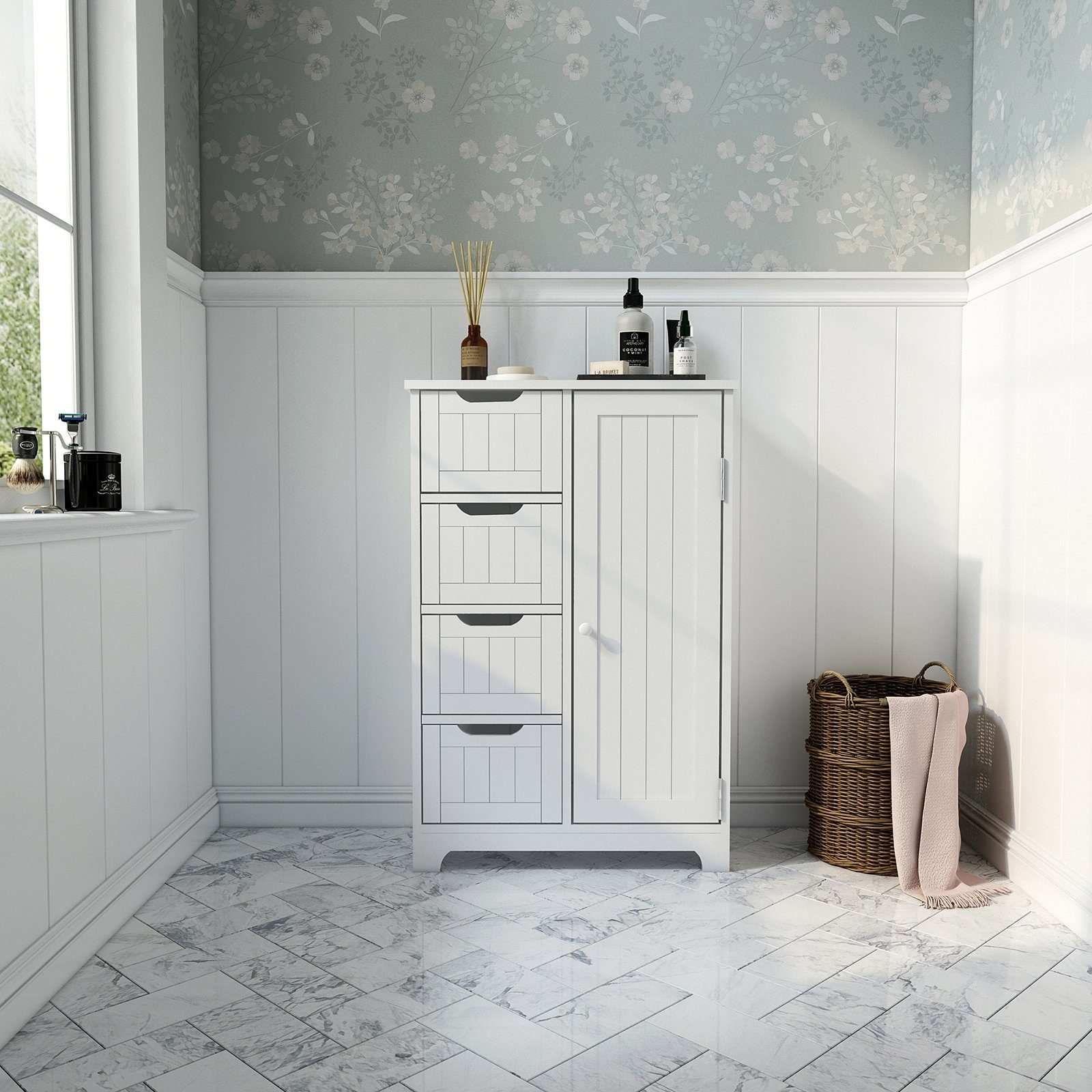 Mondeer Badkommode Badezimmerschrank, Wandkommode mit 4 Schubladen und 1 Tür, Verstellbar, Weiß