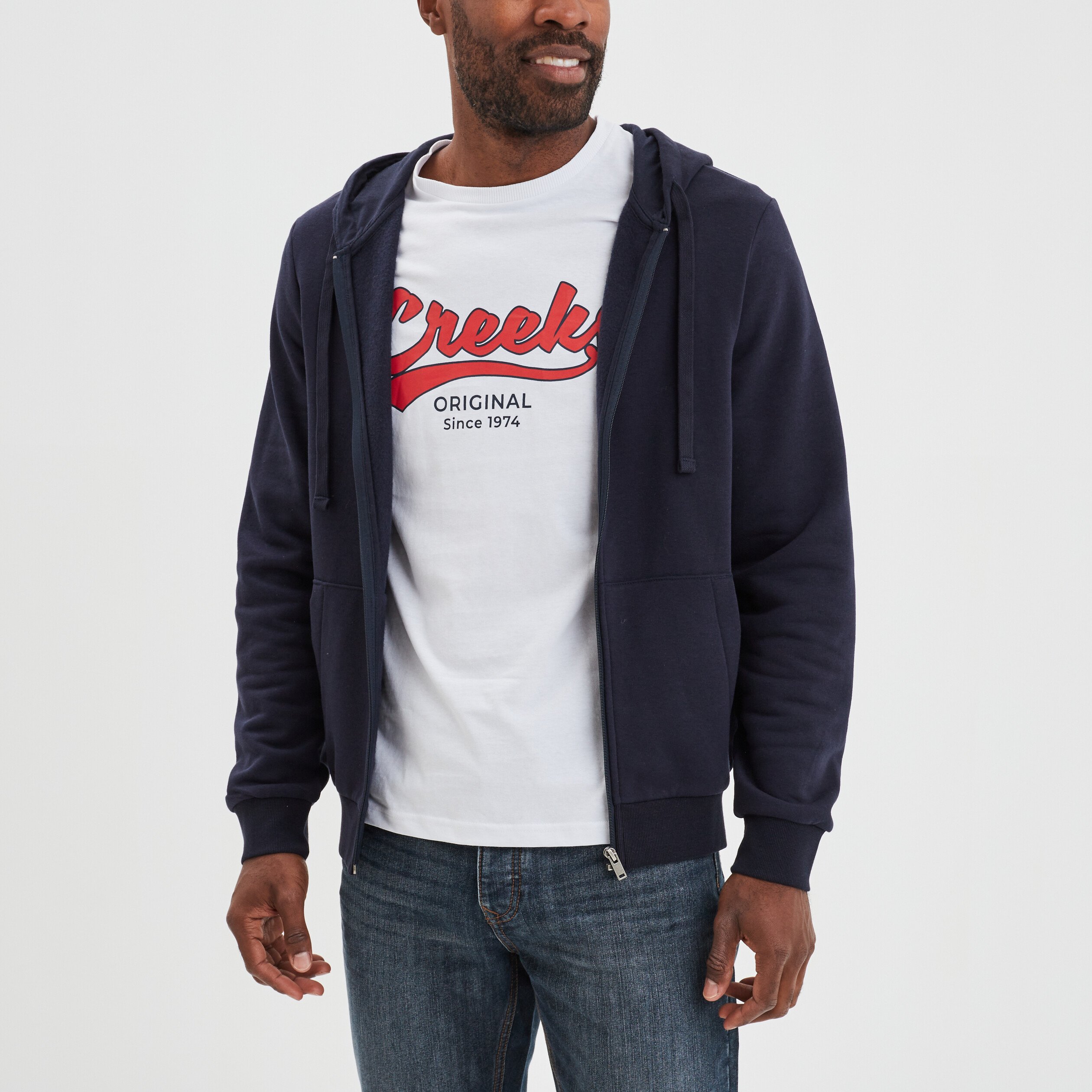 Sweat zippé molleton à capuche bleu marine homme | La Halle