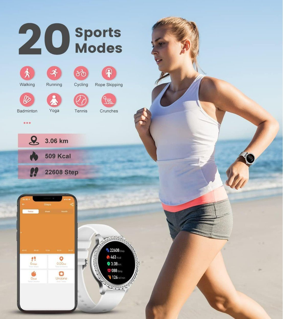 Lige Smartwatch, Damen Elegant Mit Telefonfunktion Wasserdicht Rund Silber Smart Watch