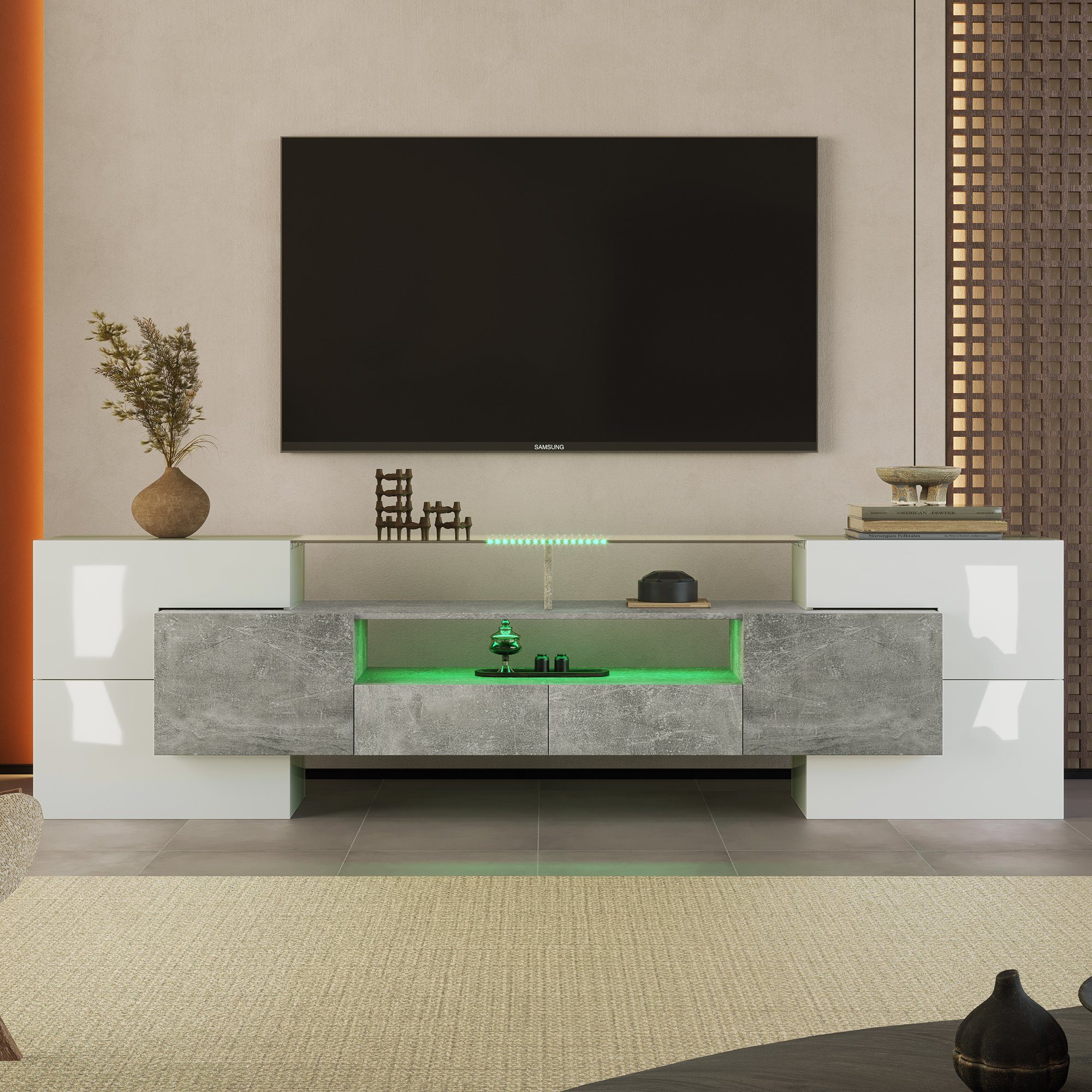 HAUSS SPLOE TV-Schrank TV-Schrank Fernsehtisch TV Board TV- Lowboard (1-St., Weiß, 200 cm) Elegante Glasoberfläche., LED-Beleuchtung