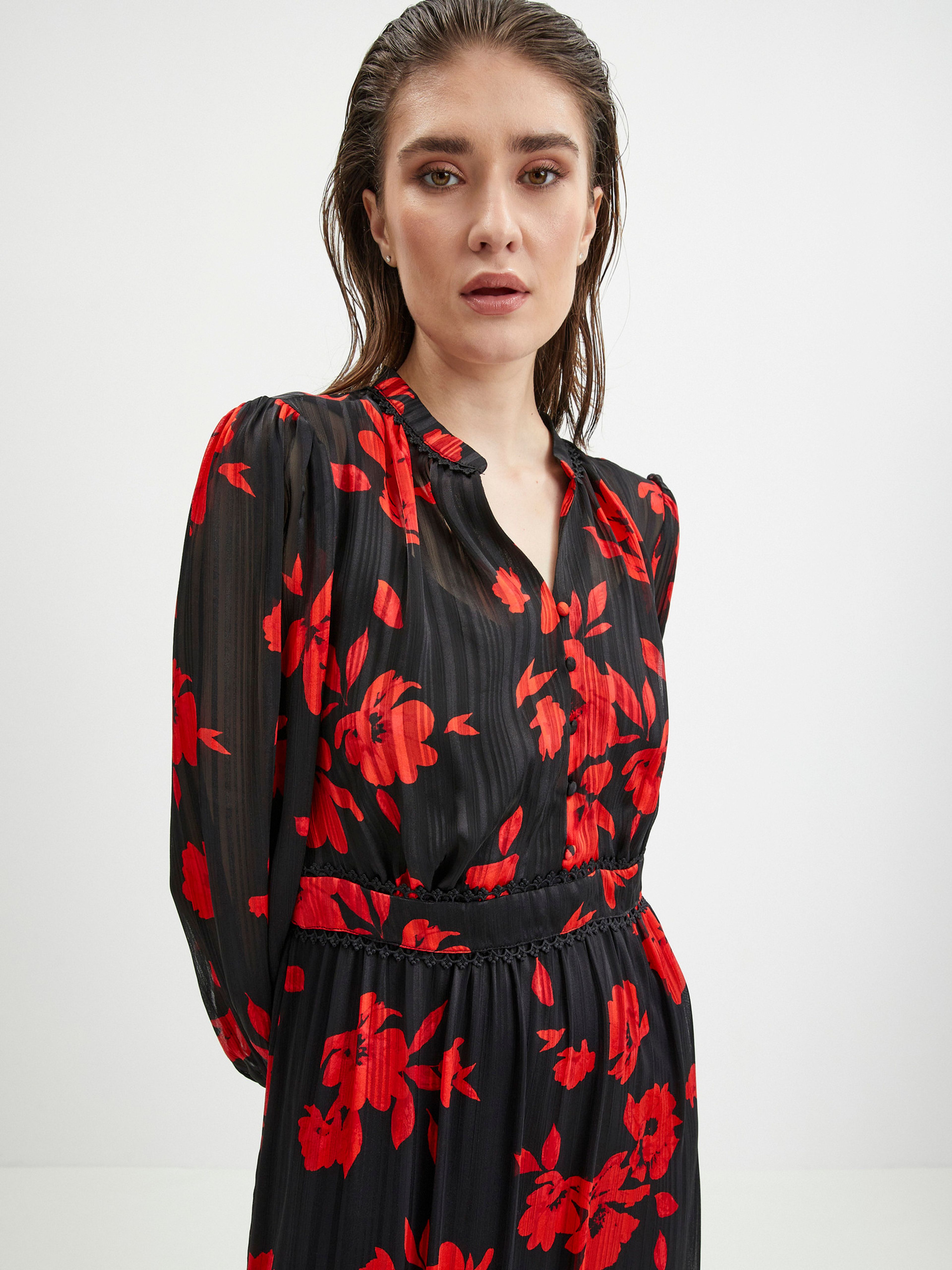 Rot-schwarzes Damen-Blumenkleid ORSAY