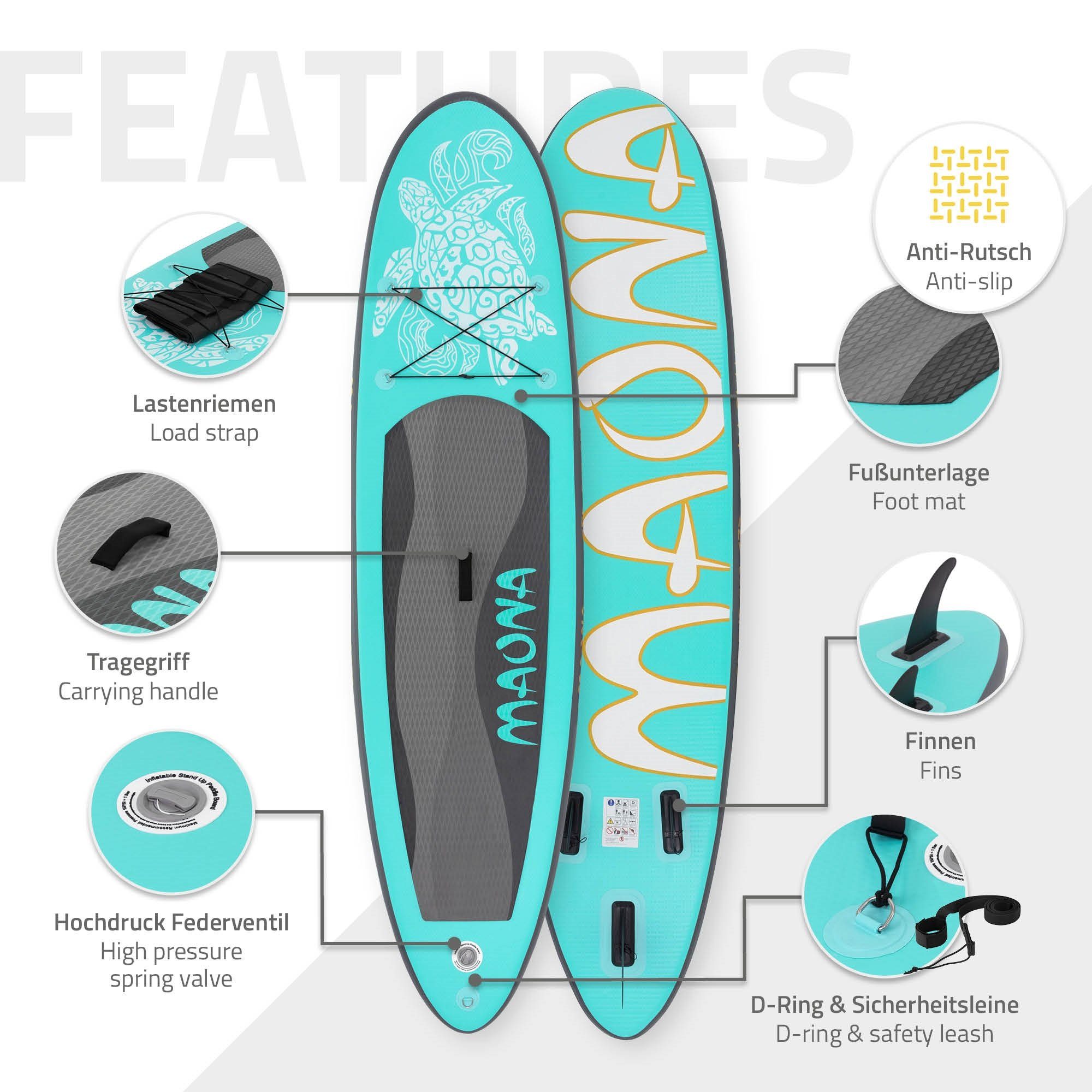 ECD Germany SUP-Board Aufblasbares Stand Up Paddle Board Maona Surfboard, Türkis 308x76x10cm PVC bis 120kg Pumpe Tragetasche Zubehör