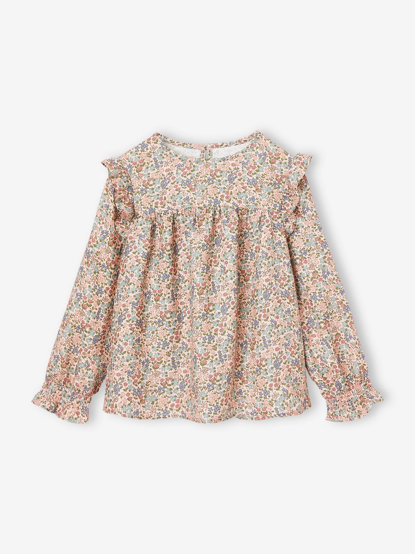 Blouse fleurie fille manches volantées bleu grisé