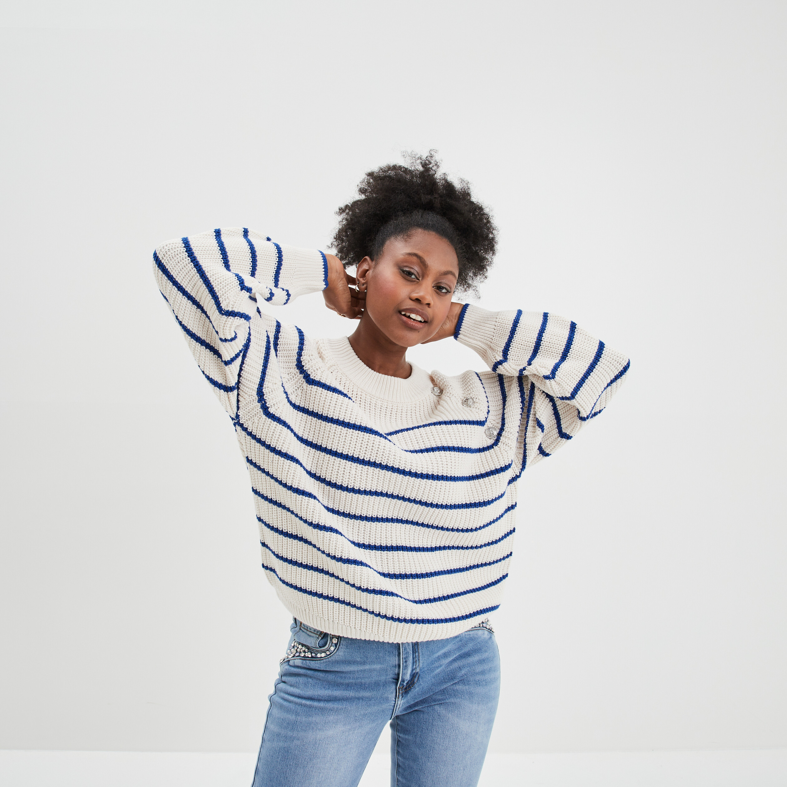 Pull col rond boutons épaule Creeks blanc femme | La Halle