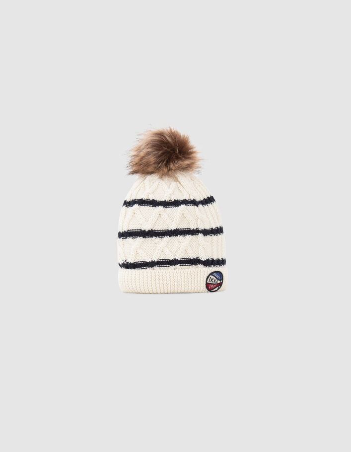 Bonnet et snood écru tricot rayé badge ballon bébé garçon