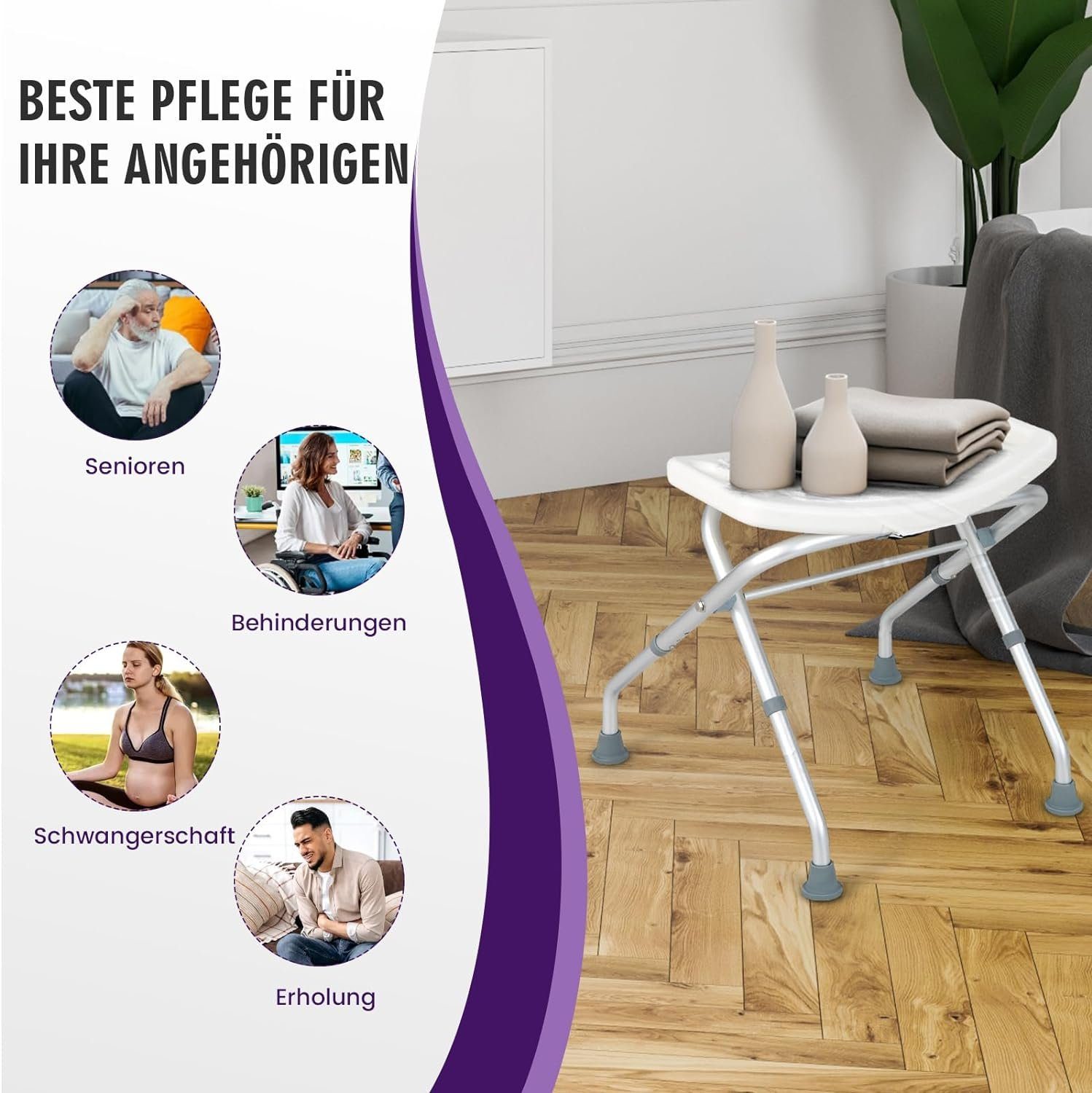 KOMFOTTEU Duschhocker Duschstuhl, belastbar bis 150,00 kg, höhenverstellbar & klappbar