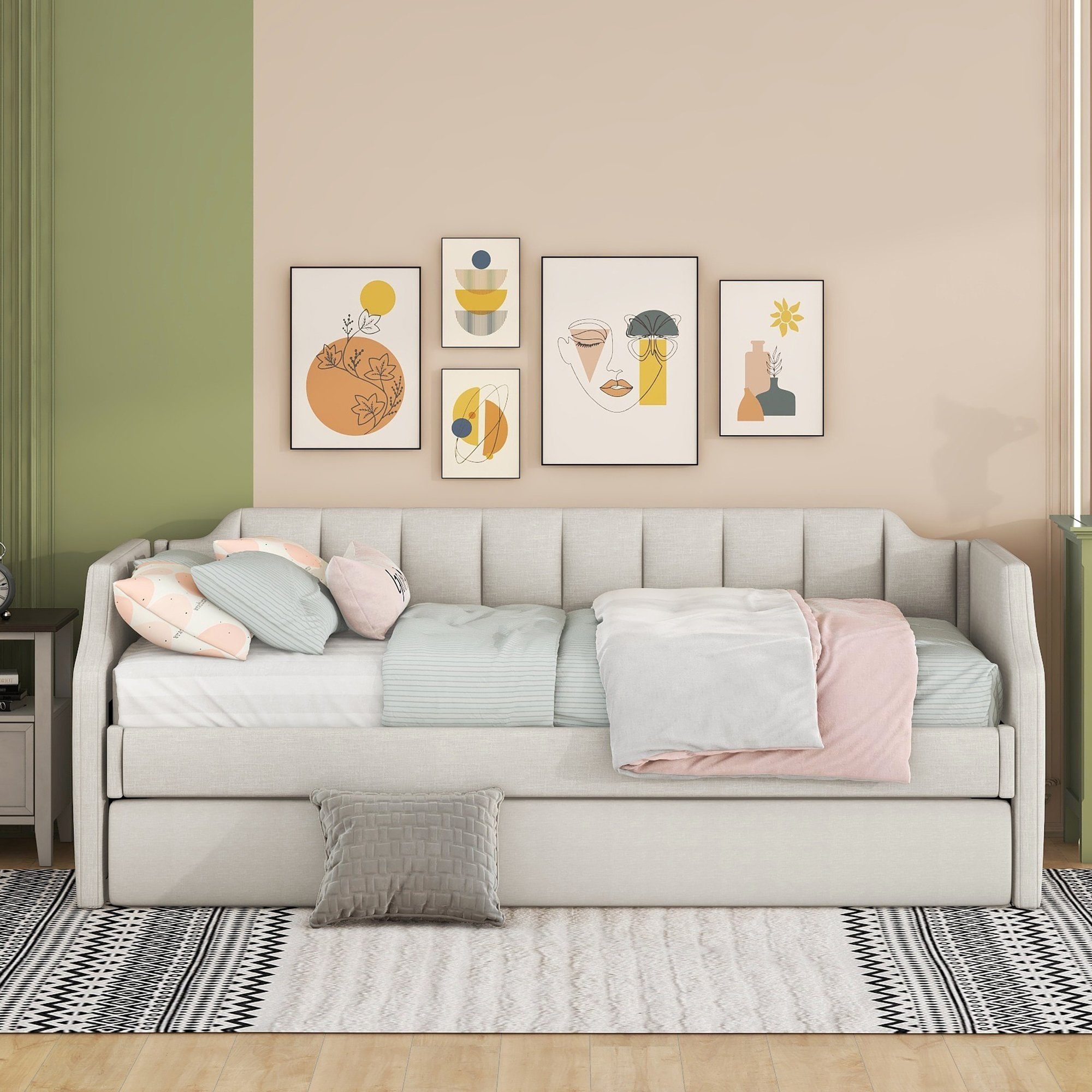 HAUSS SPLOE Schlafsofa Schlafsofa Holzbett Schiebebett Kinderbett Einzelbett, Gepolstertes Single Daybed mit Rollbett, Ohne Matratze, Ohne Matratze
