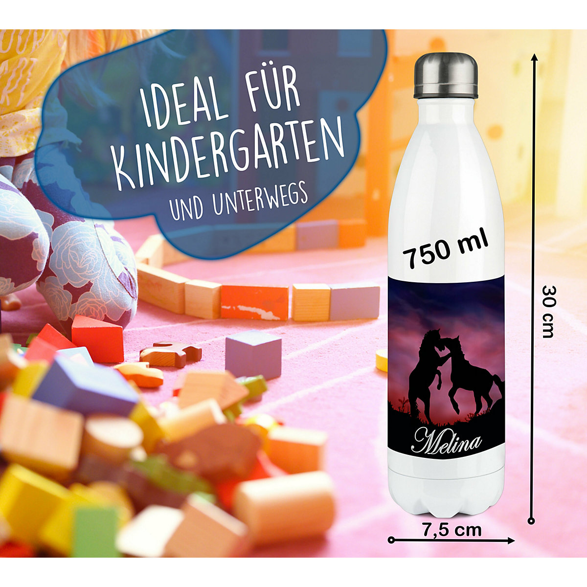 Edelstahl Kinder Thermoflasche / Trinkflasche bunt Pferde Spülmaschinenfest, Auslaufsicher, Bruchfest, Doppelwandig, Für Heißgetränke geeignet, Mit Deckel, Isoliert