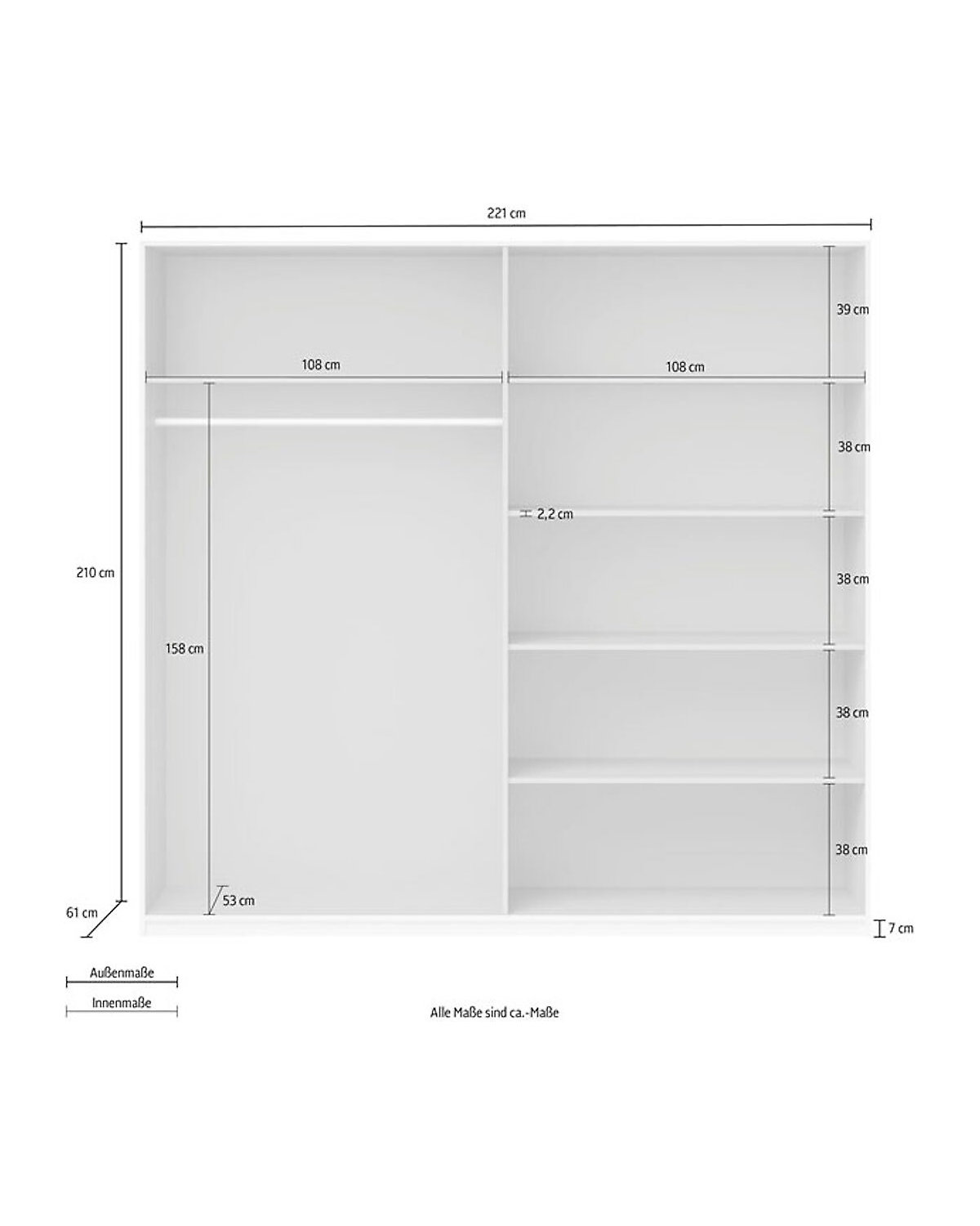 Schwebetürenschrank Beta Kleiderschrank 221x61x210cm 2-türig mit Spiegel