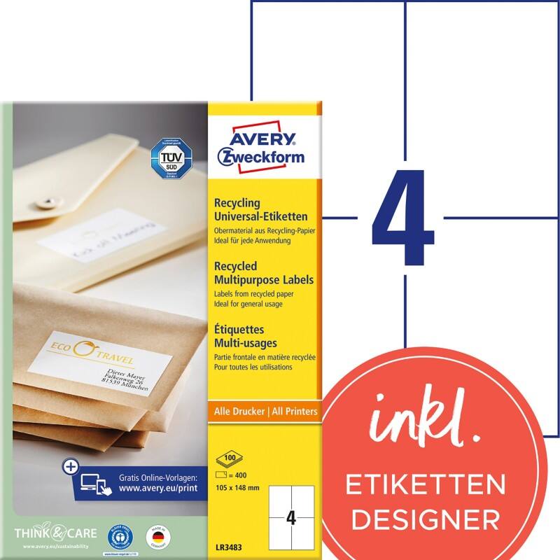 AVERY Zweckform Universaletiketten LR3483 Selbsthaftend DIN A4 Naturweiß 105 x 148 mm Recycled 100 Blatt à 4 Etiketten