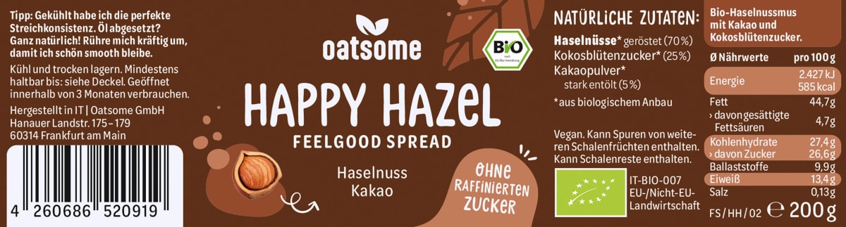 Haselnussmus, \Happy Hazel\ Feelgood Spreads, Haselnuss Kakao, 200 g