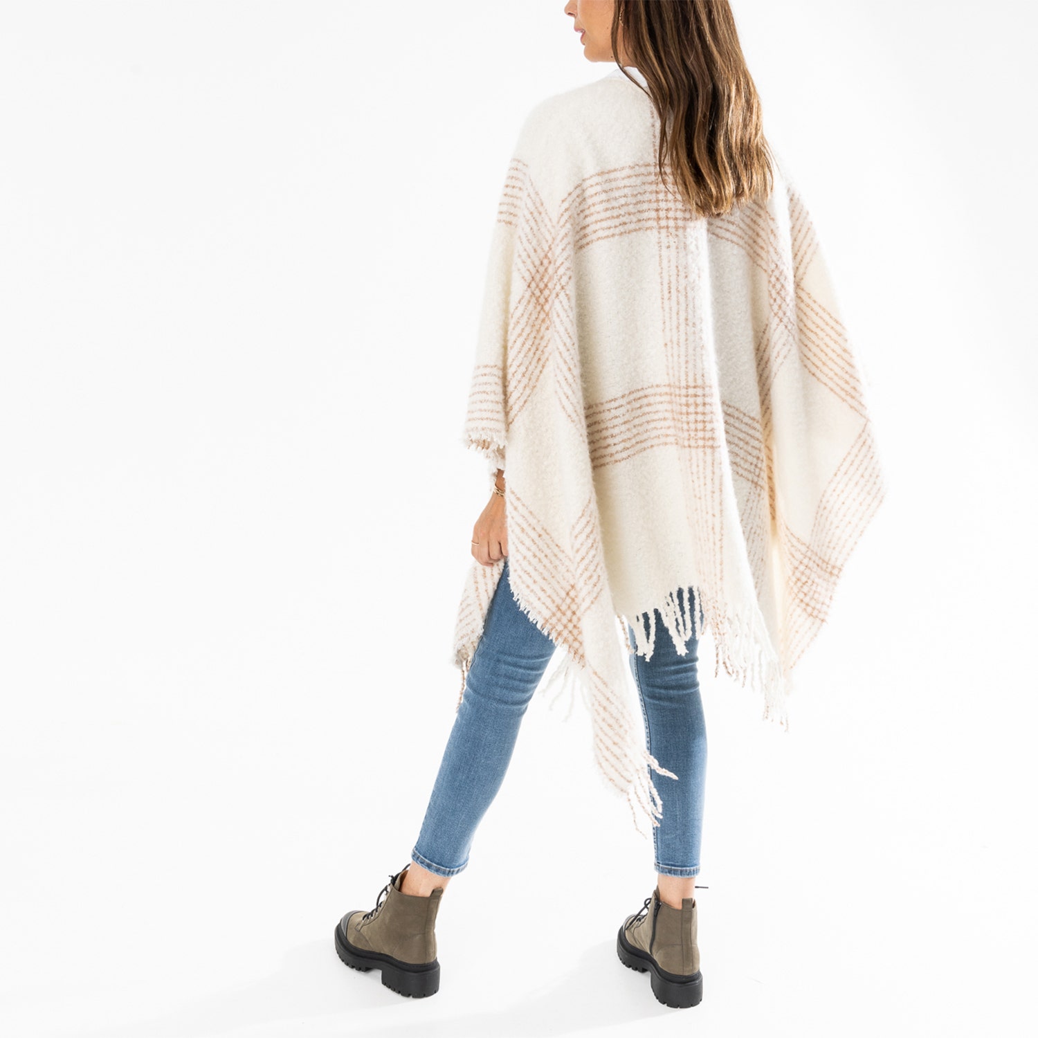 Poncho TEXTO écru à rayures-carreaux - taille unique