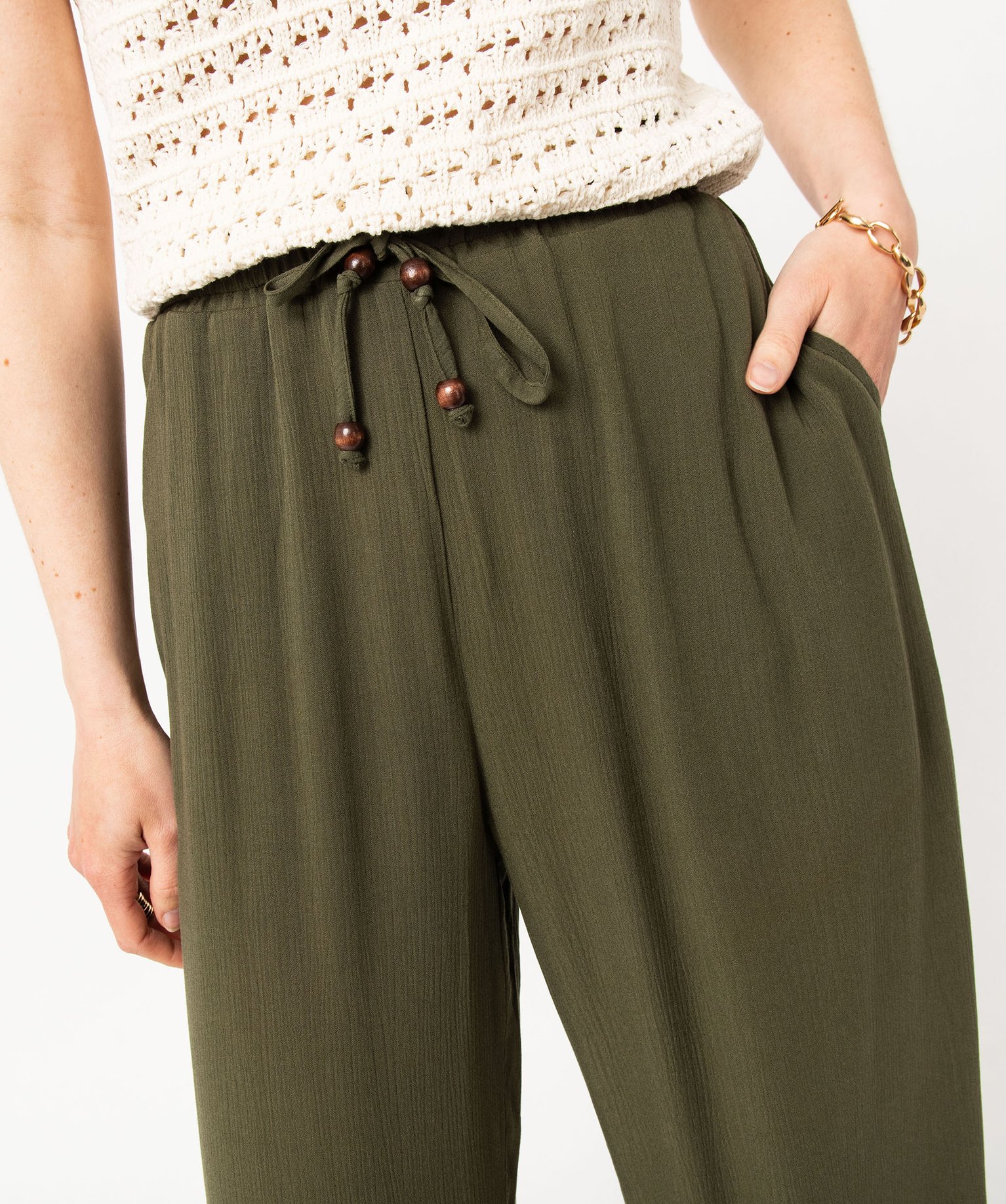 Pantalon en maille fluide aspect crêpe femme kaki | GEMO