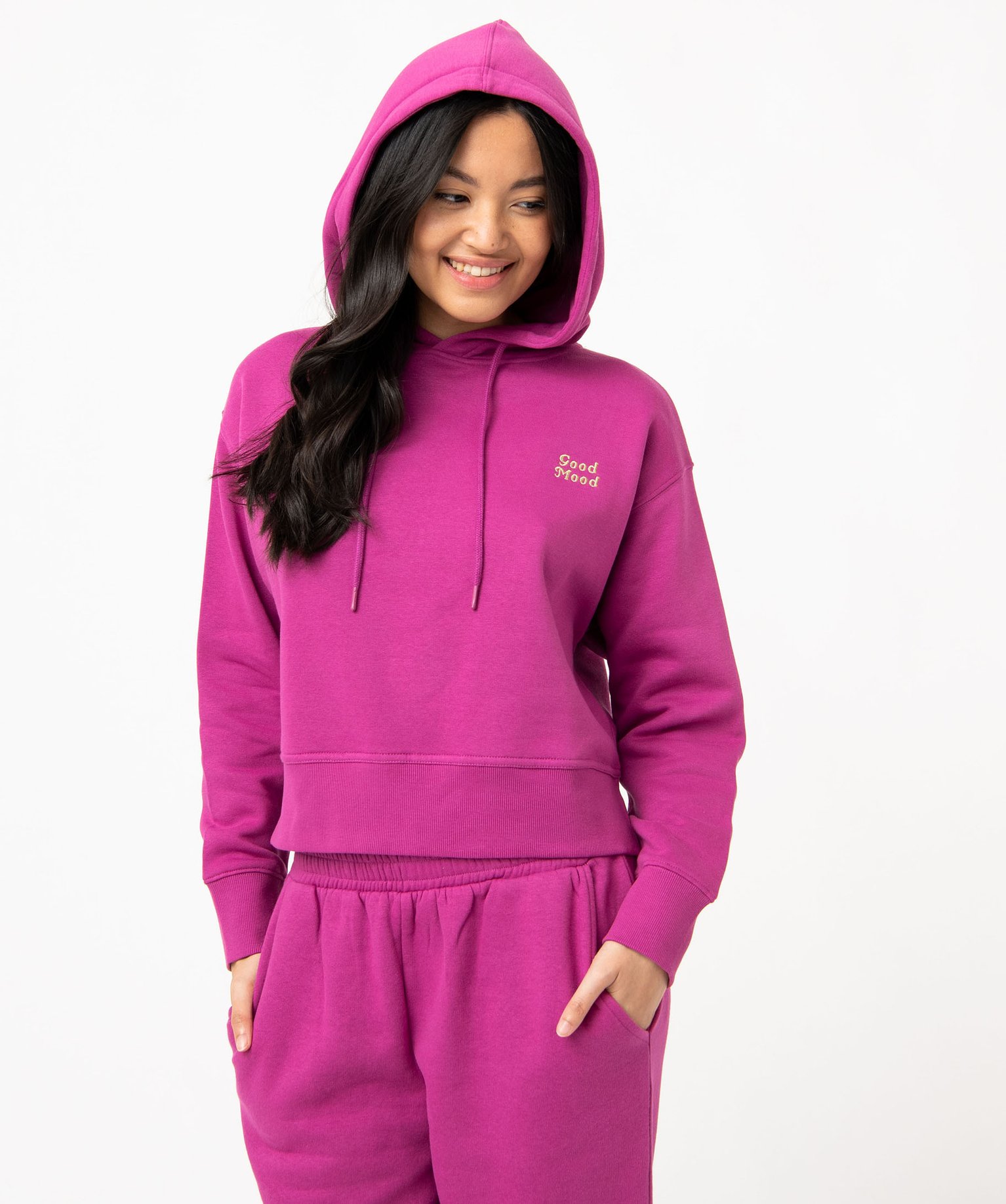 Sweat court à capuche avec message brodé femme violet | GEMO