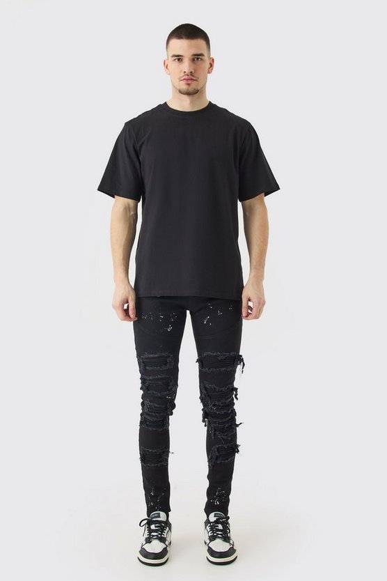 Tall Super Skinny PU Bikerjeans mit Rissen und Farbspritzern