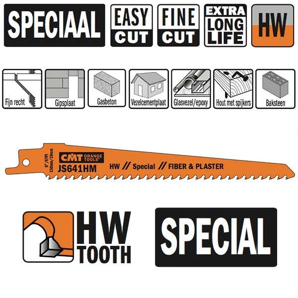 Lamă de ferăstrău sabie CMT JS641HM-2, 1 bucată HM 150 mm x 19 x 1,25 x 6TPI. Aplicație: Pentru pietre mari.