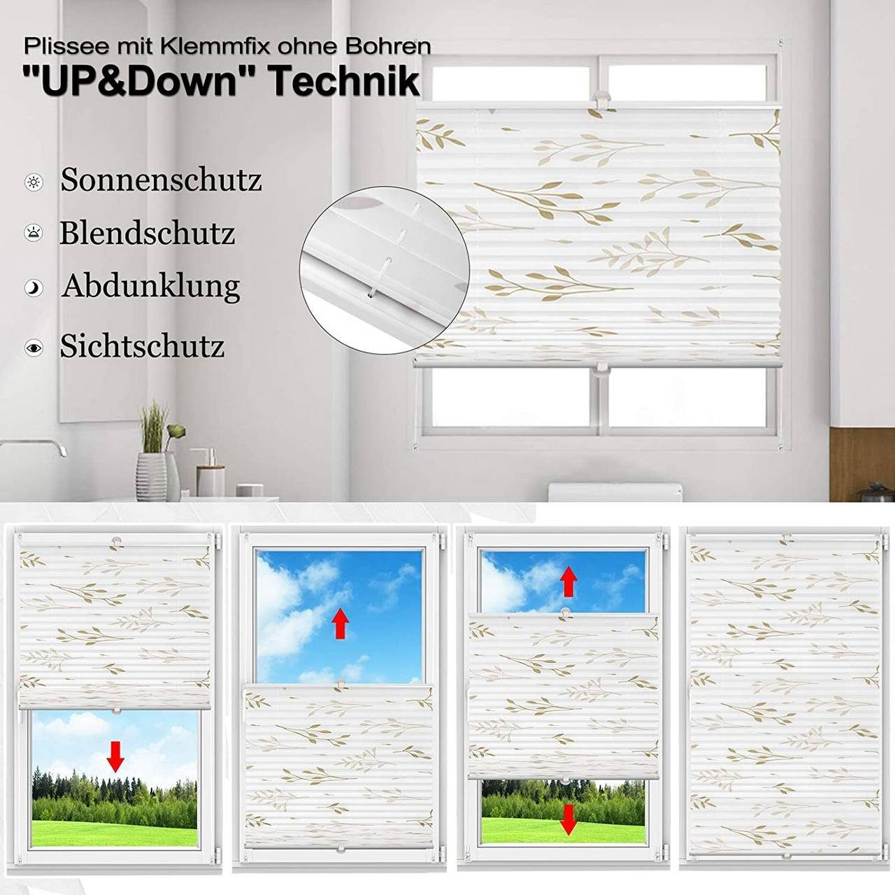 Plissee, Woltu, Faltrollo Klemmfix ohne Bohren beige