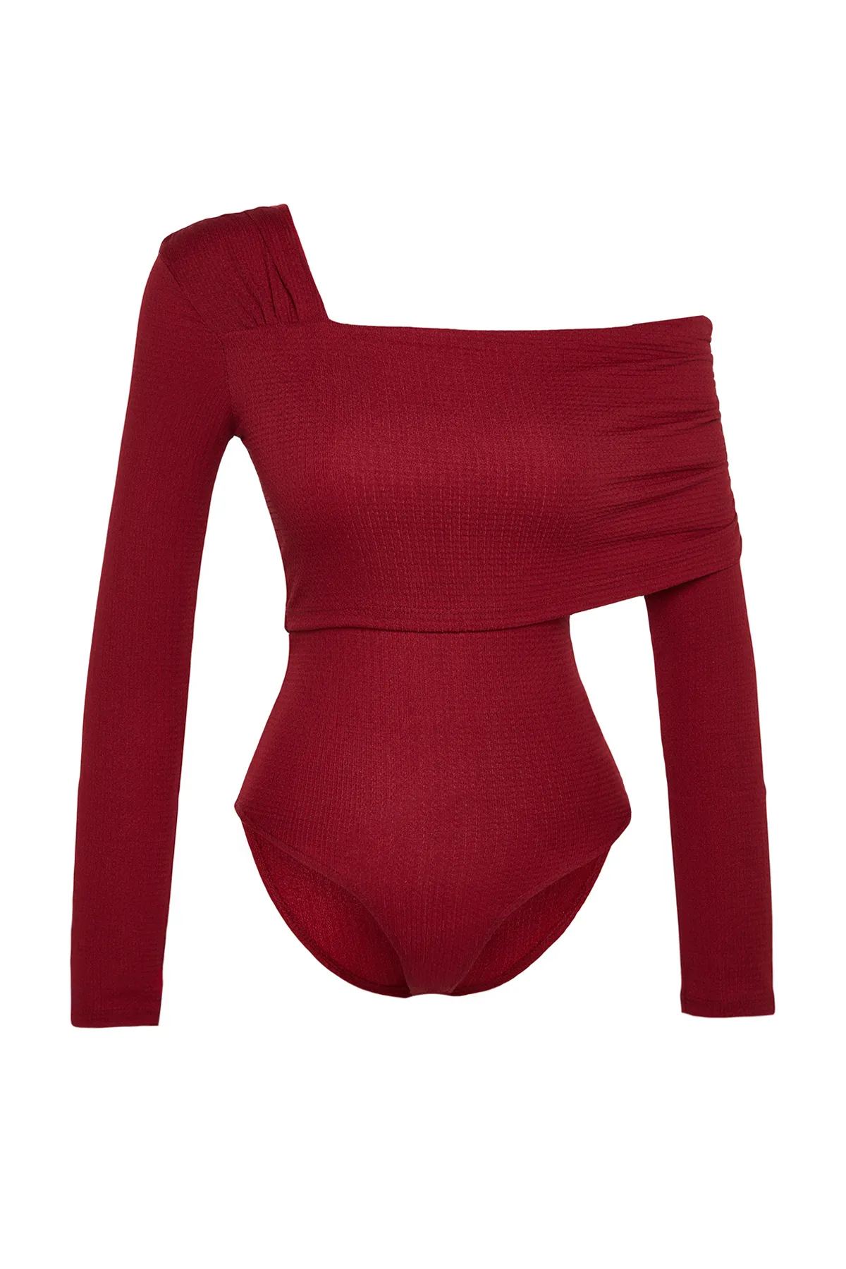 Trendyol Collection  Weinroter asymmetrischer Kragen, detailliert drapiert, tailliert/körperbetont, Wickel-/strukturierter Strickbody TWOAW23BD00043