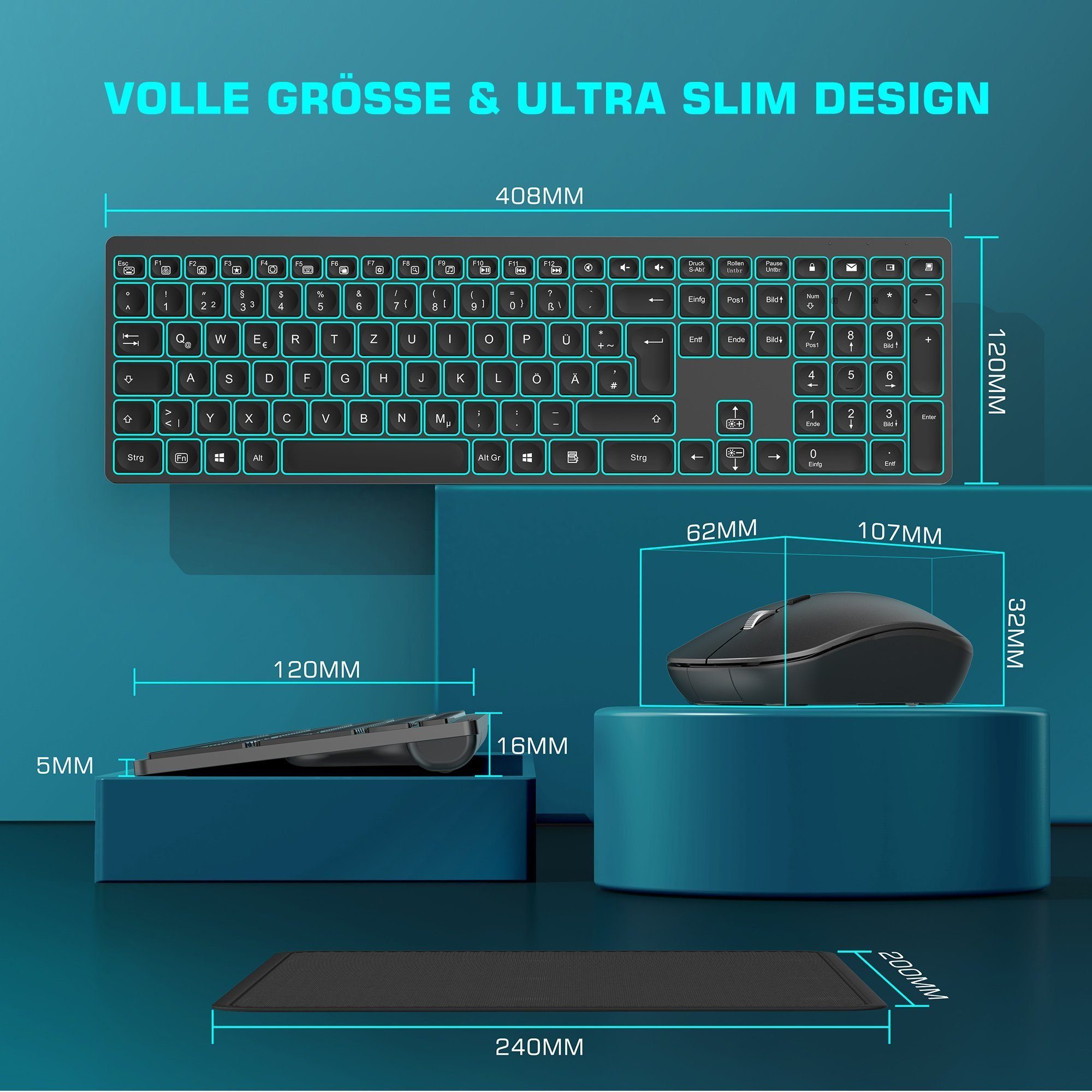 Vbrisi Wireless Keyboard Mouse Set, Compatible with PC/Laptop/Tablet Tastatur- und Maus-Set