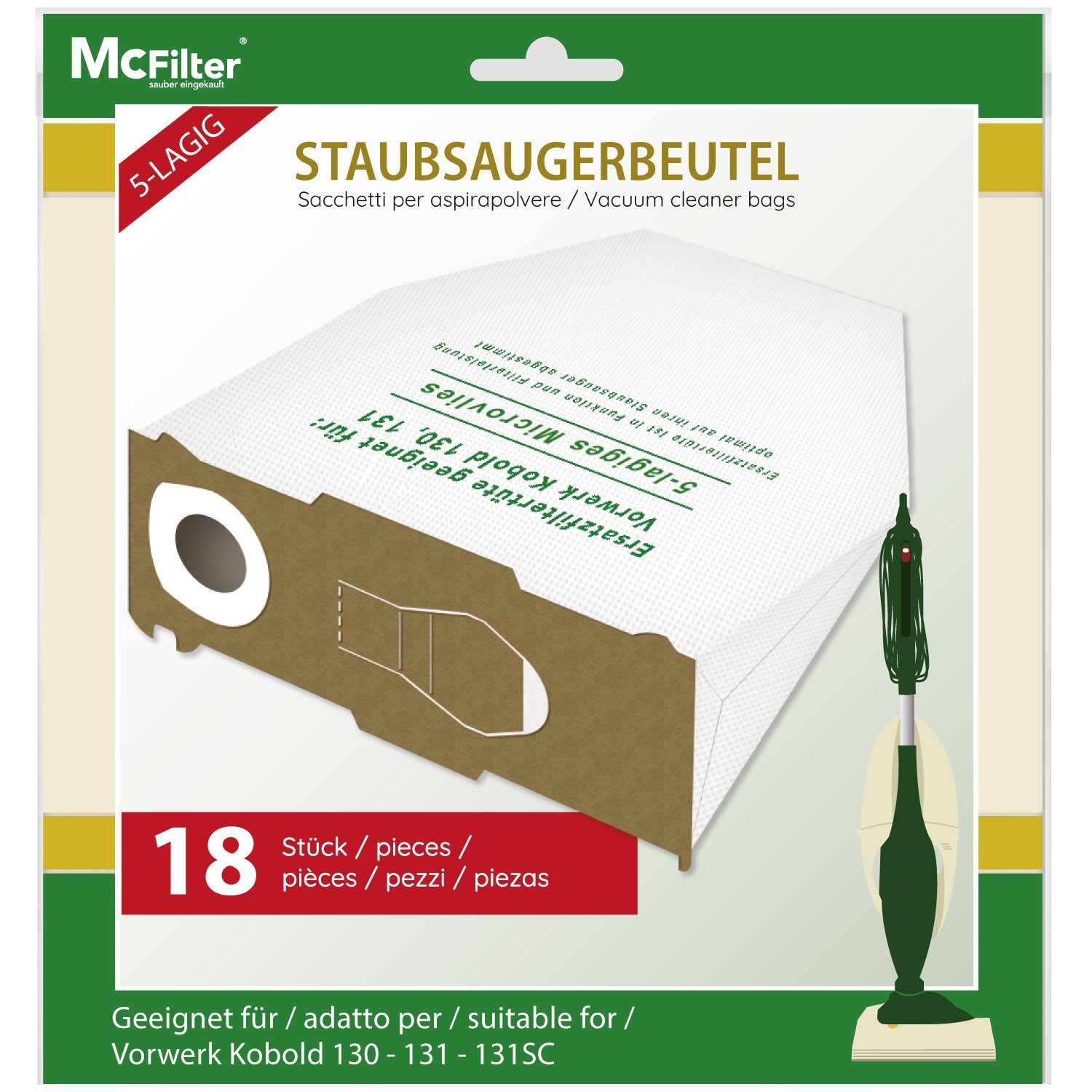 McFilter Staubsaugerbeutel (18 Stück), passend für Vorwerk Kobold VK 130, VK 131 SC, 18 St., mehrlagig, Pappdeckscheibe, inkl. Staubverschluss