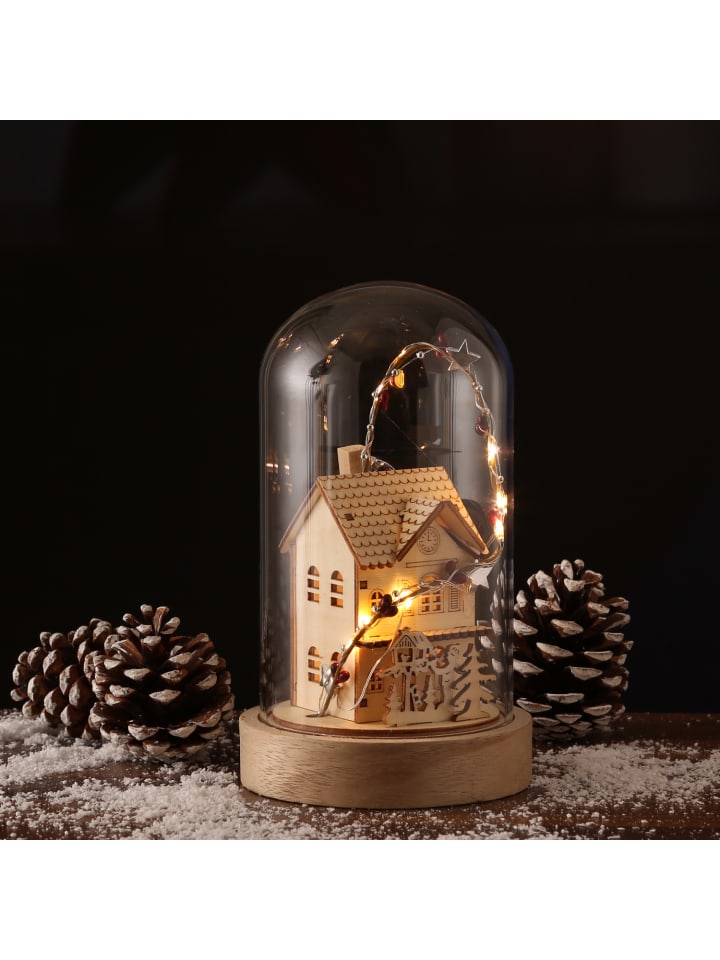 MARELIDA LED Deko Glaskuppel Holzhaus 10LED H: 20cm in natur günstig kaufen onesize
