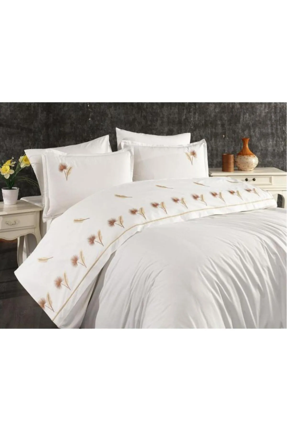 Çeyiz Diyarı  Bettwäscheset für Doppelbett, 100 % Baumwolle, bestickt mit Palmen, Cappuccino