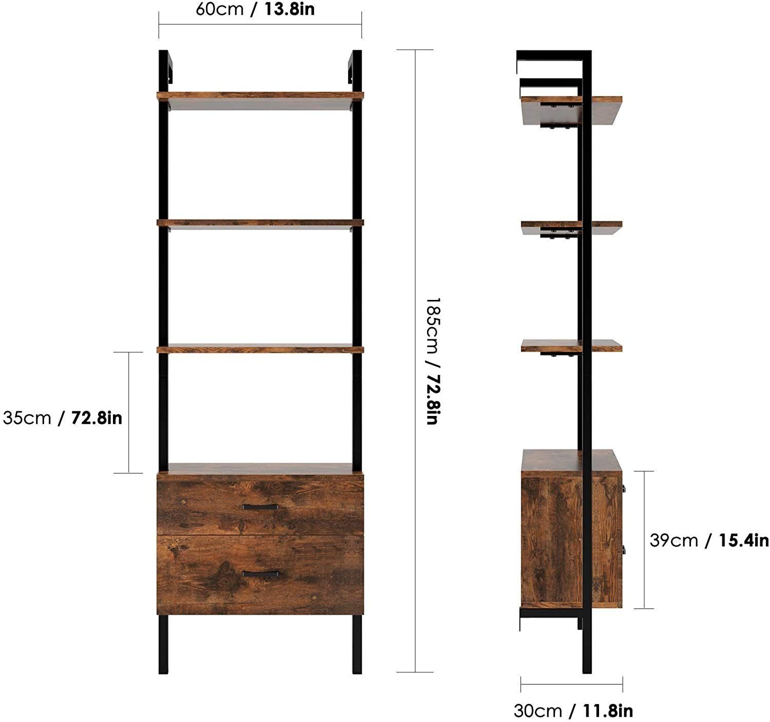 Homfa Leiterregal, Bücherregal 2 Schublade Standregal 3 Ablagen schwarz 185cm