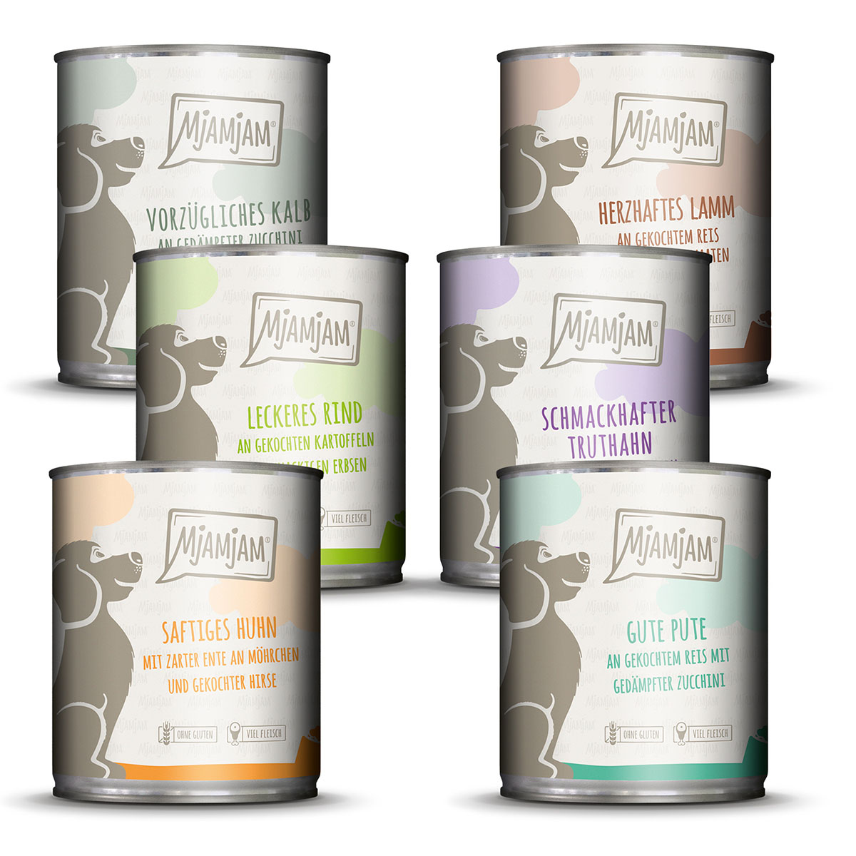 MjAMjAM Mixpaket II mit Huhn&Ente, Rind, Pute, Kalb, Truthahn, Lamm 6x800g