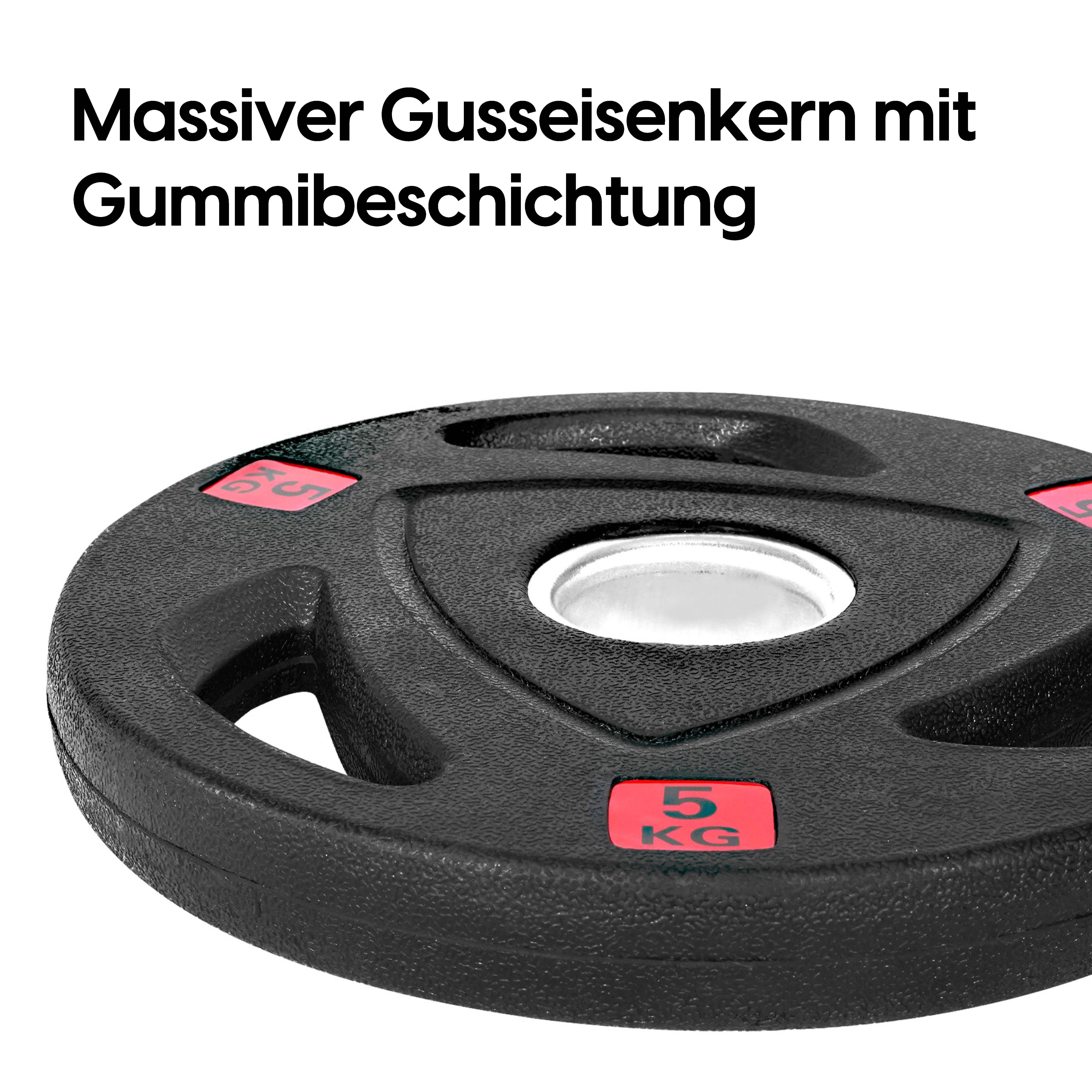 wuuhoo Hantelscheibe Olympische Hantelscheiben Ray 50mm, 2er Set I Weight Plates gummiert mit Stahlkern I Langhantelgewichte mit Griffen und Stahlbuchse I schwarz mit Gewichtsangabe